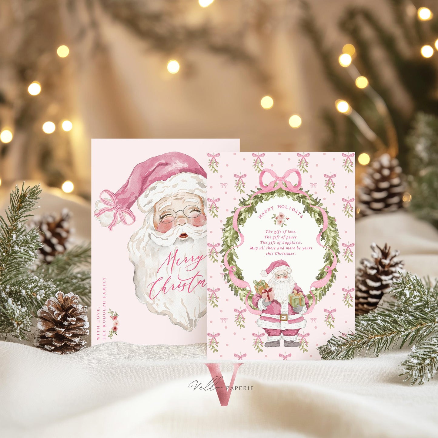 Editable Printable Grandmillenial Christmas Greetings Card | Pink Watercolor Merry Christmas Card | Santa and Wreath Holiday Card  BCPF1