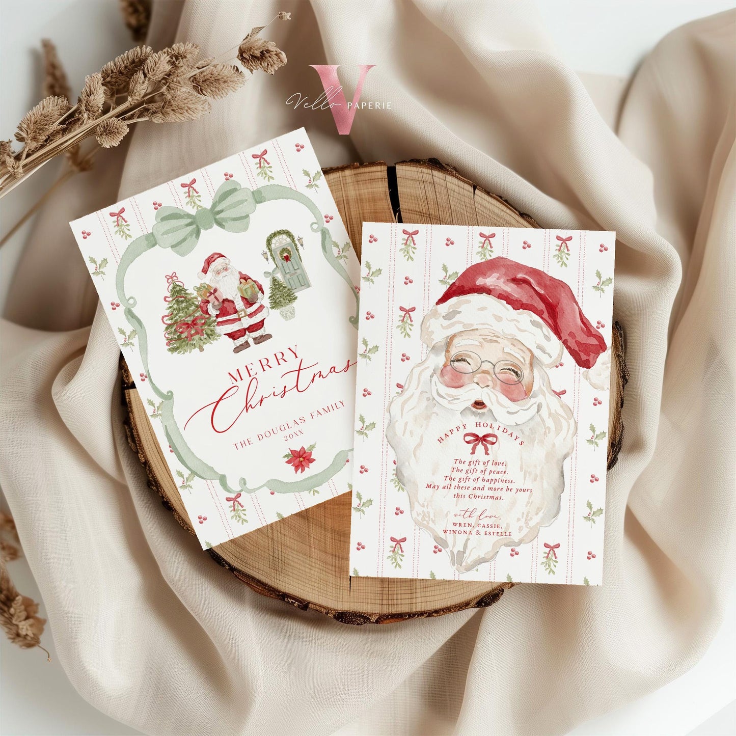 Editable Printable Grandmillenial Christmas Greetings Card | Watercolor Merry Christmas Card Template | Green Bow, Santa Holiday Card  BCPF1