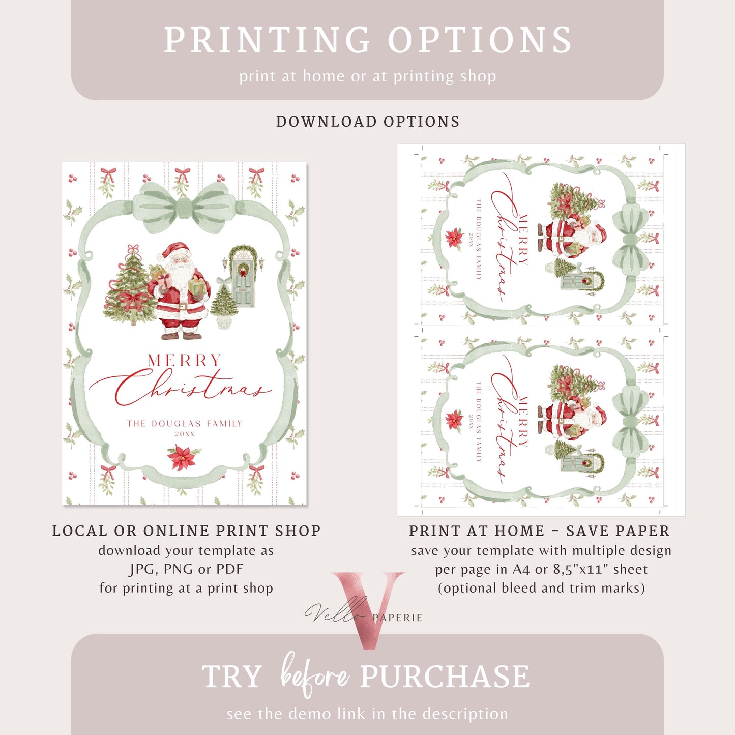 Editable Printable Grandmillenial Christmas Greetings Card | Watercolor Merry Christmas Card Template | Green Bow, Santa Holiday Card  BCPF1