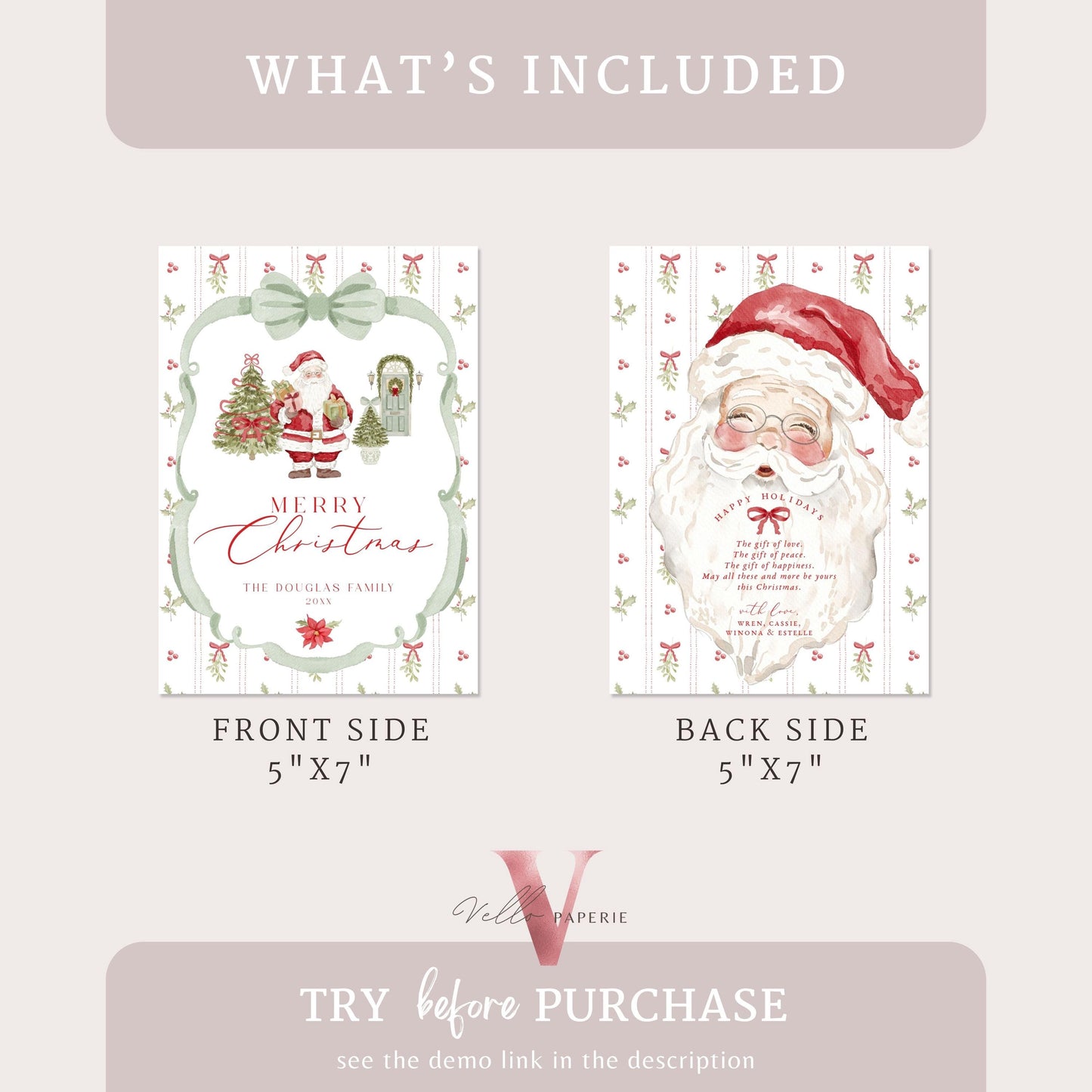 Editable Printable Grandmillenial Christmas Greetings Card | Watercolor Merry Christmas Card Template | Green Bow, Santa Holiday Card  BCPF1