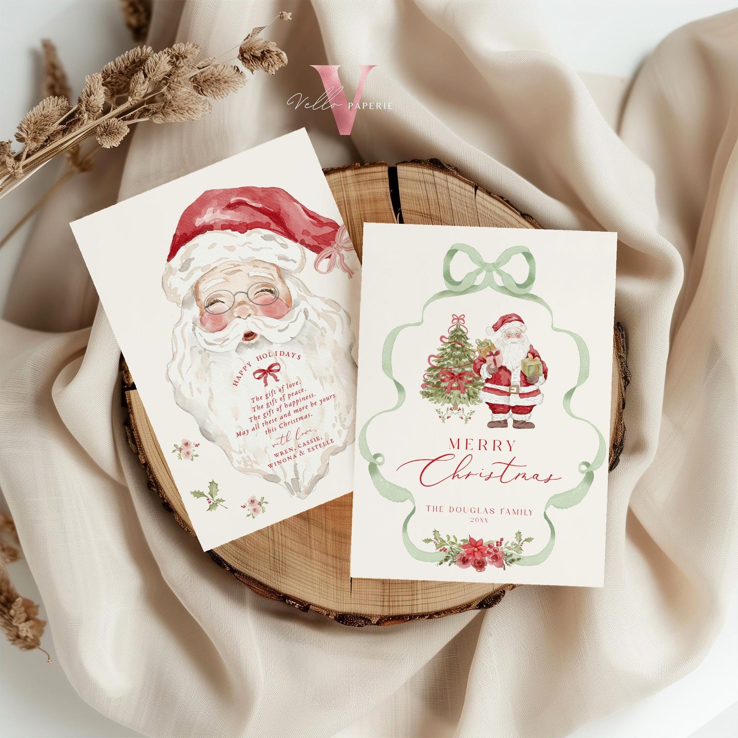 Editable Printable Grandmillenial Christmas Greetings Card | Watercolor Merry Christmas Card Template | Green Bow, Santa Holiday Card  BCPF1