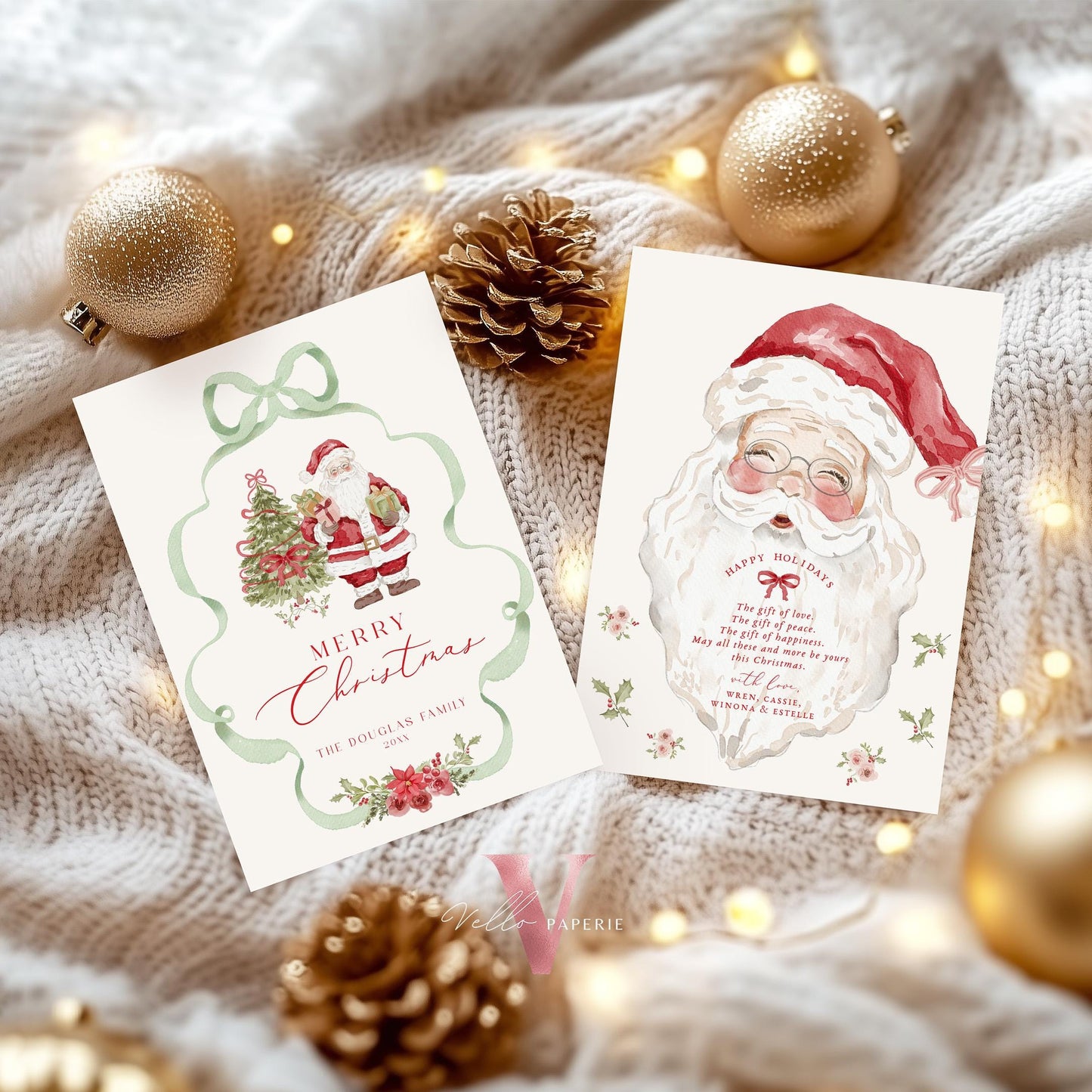 Editable Printable Grandmillenial Christmas Greetings Card | Watercolor Merry Christmas Card Template | Green Bow, Santa Holiday Card  BCPF1