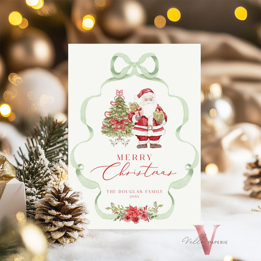 Editable Printable Grandmillenial Christmas Greetings Card | Watercolor Merry Christmas Card Template | Green Bow, Santa Holiday Card  BCPF1