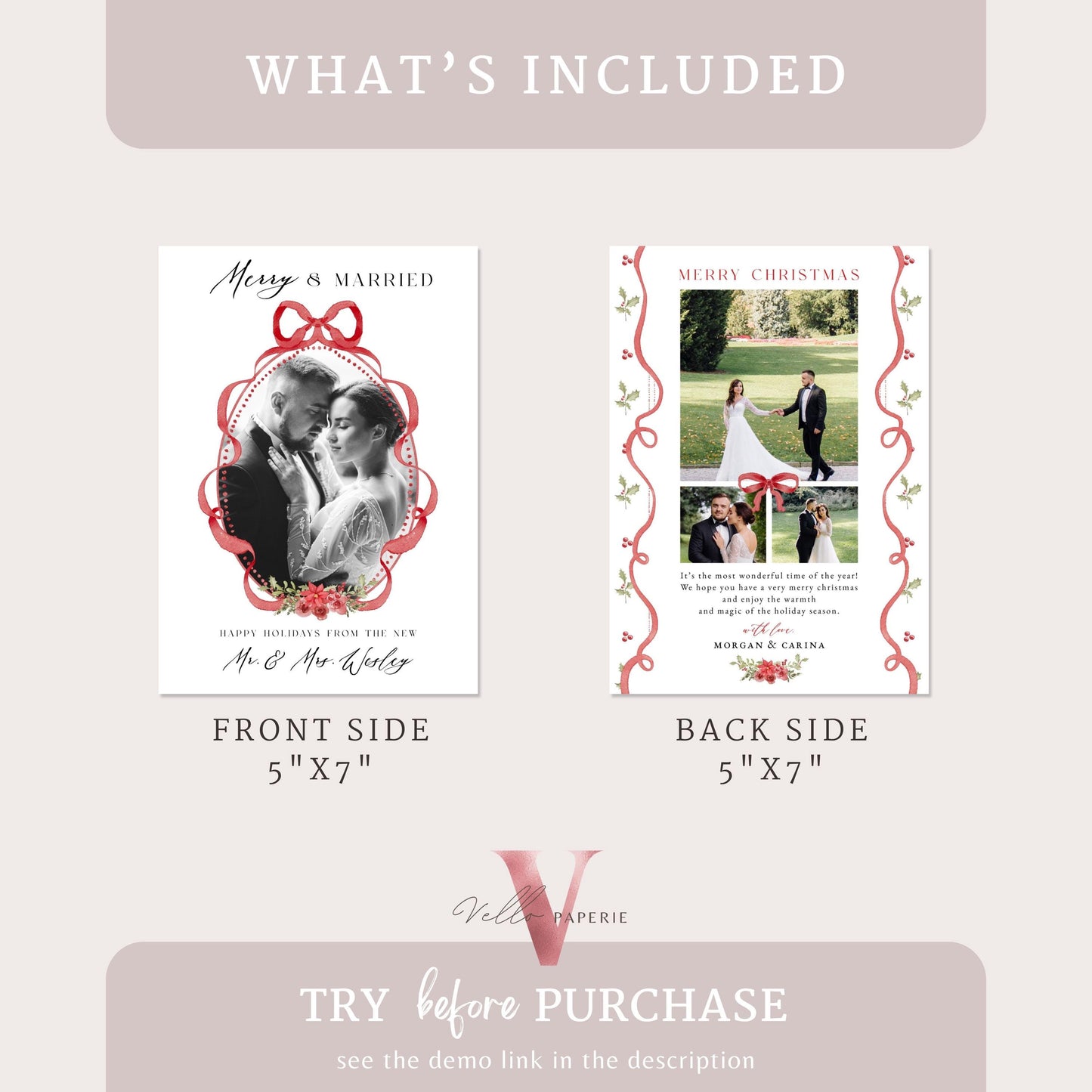 Merry and Married Christmas Photo Card | Newlywed Holiday Card | Red Bow Minimalist Christmas Photo Card | Merry and Bright Couple  MMC12