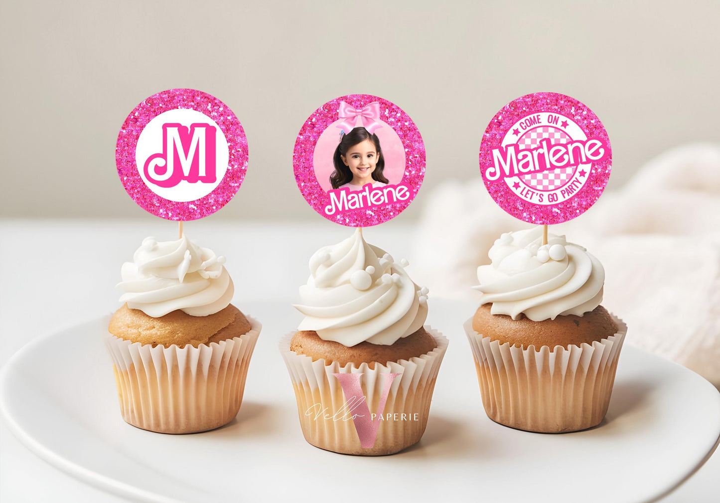 Editable Printable Photo Pink Doll Birthday Cupcake Topper | Sparkle Hot Pink Party Cake Decor | Come On Lets Go Party Favors Topper HPD02