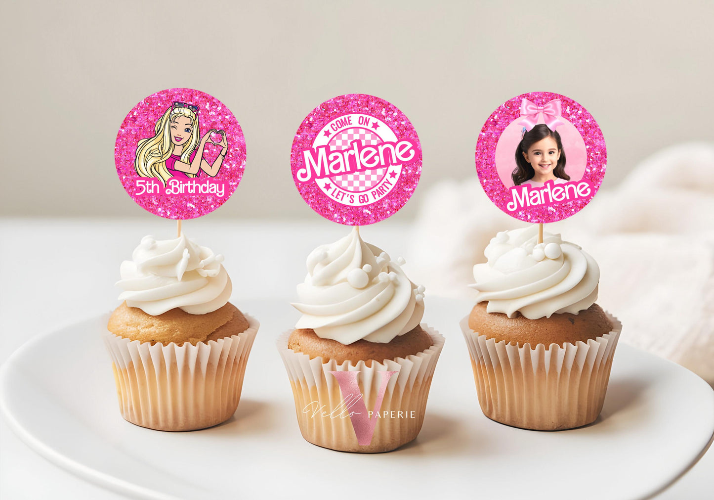 Editable Printable Photo Pink Doll Birthday Cupcake Topper | Sparkle Hot Pink Party Cake Decor | Come On Lets Go Party Favors Topper HPD02