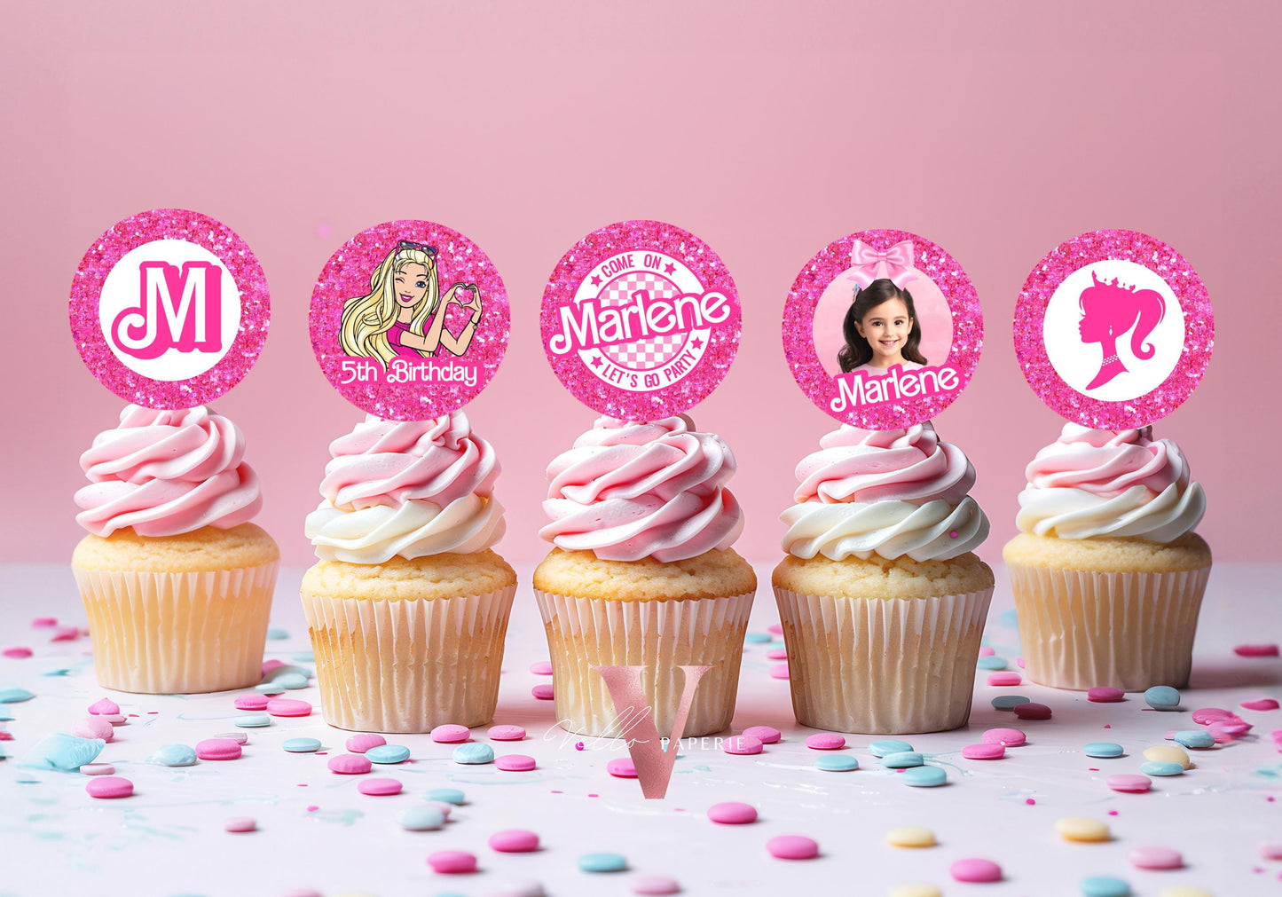 Editable Printable Photo Pink Doll Birthday Cupcake Topper | Sparkle Hot Pink Party Cake Decor | Come On Lets Go Party Favors Topper HPD02