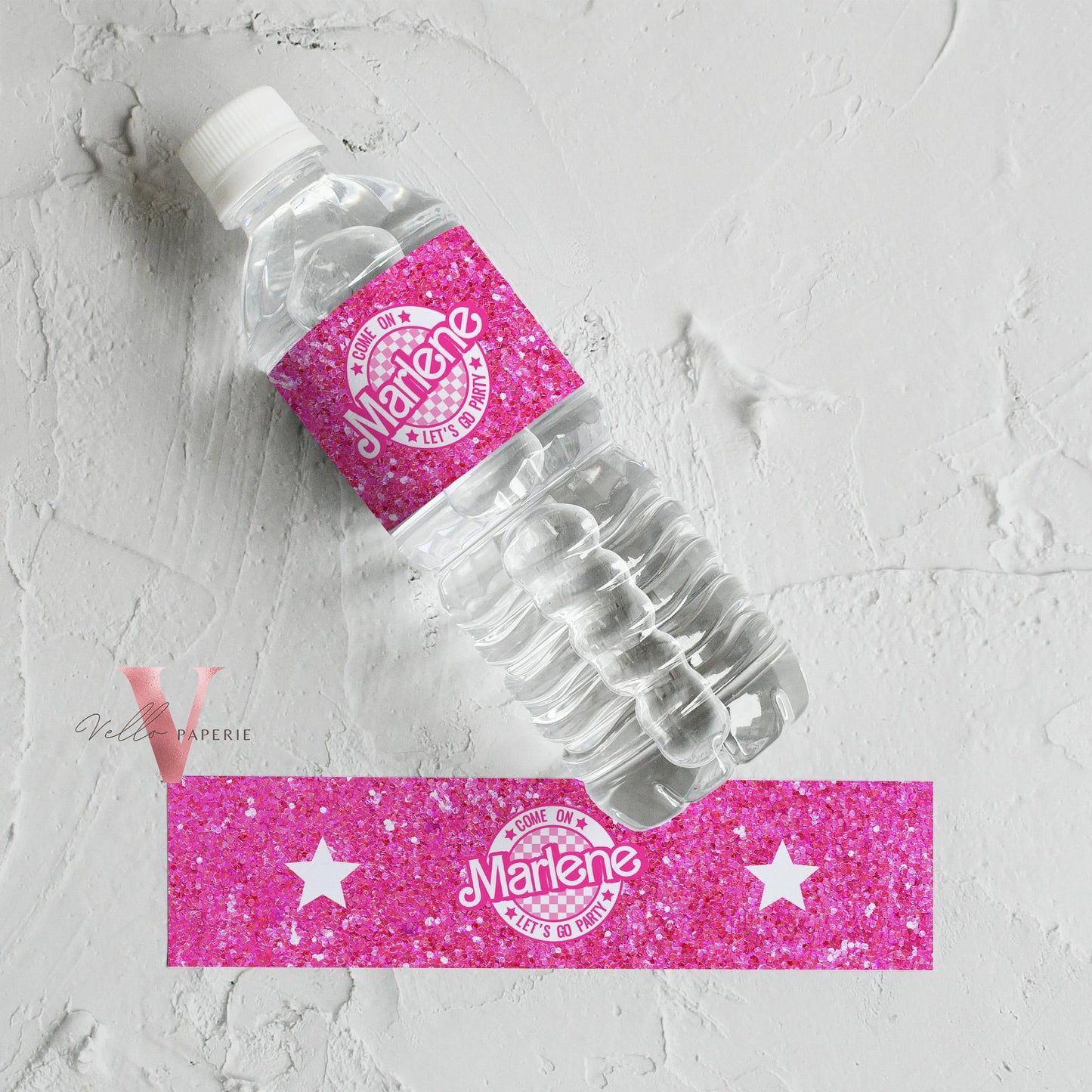 Sparkle Pink Doll Birthday Water Bottle Label | Glitter Fashion Pink Doll Decor Party Favor | Come On Lets Go Party Bottle Label HPD02