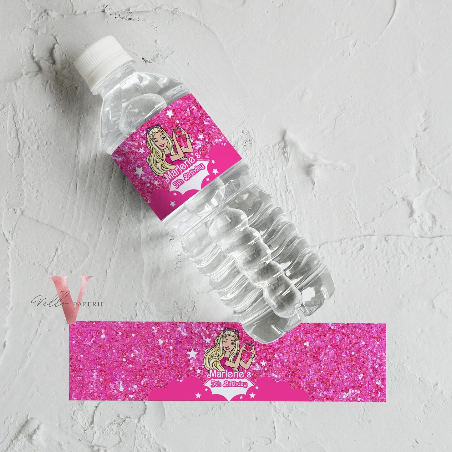 Sparkle Pink Doll Birthday Water Bottle Label | Glitter Fashion Pink Doll Decor Party Favor | Come On Lets Go Party Bottle Label HPD02