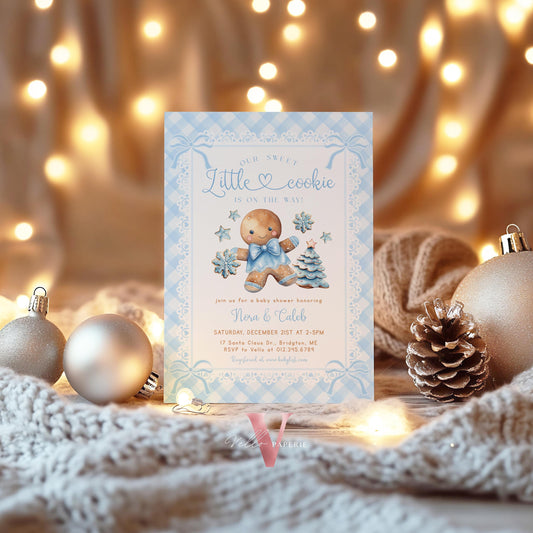 Little Cookie on the way Shower Invite | Winter Boy Gingerbread Baby Shower Invitation | Blue Gingerbread Christmas Season Gingham CWBS01