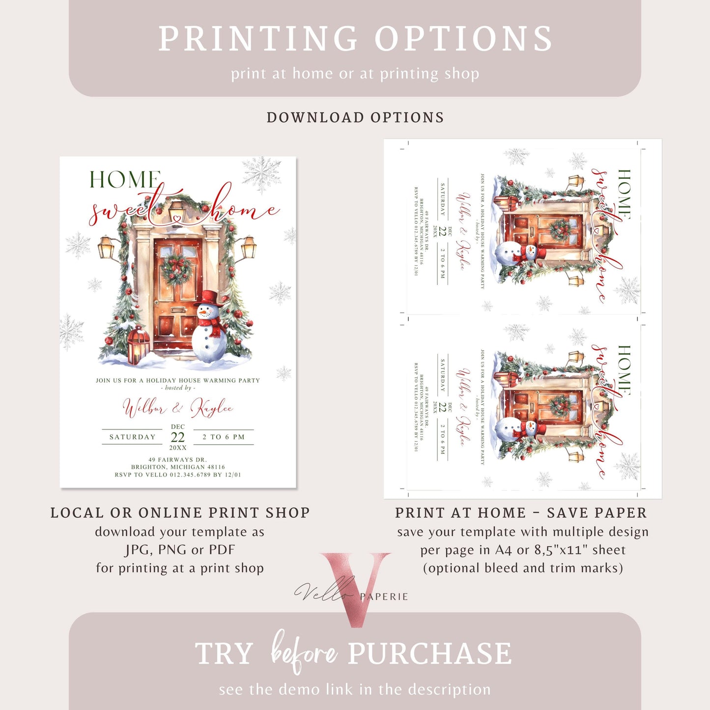 Winter House Warming Invitation | Neutral Red Green Home Sweet Home Party Invite | Modern or Rustic New House Celebration Christmas  WHW01