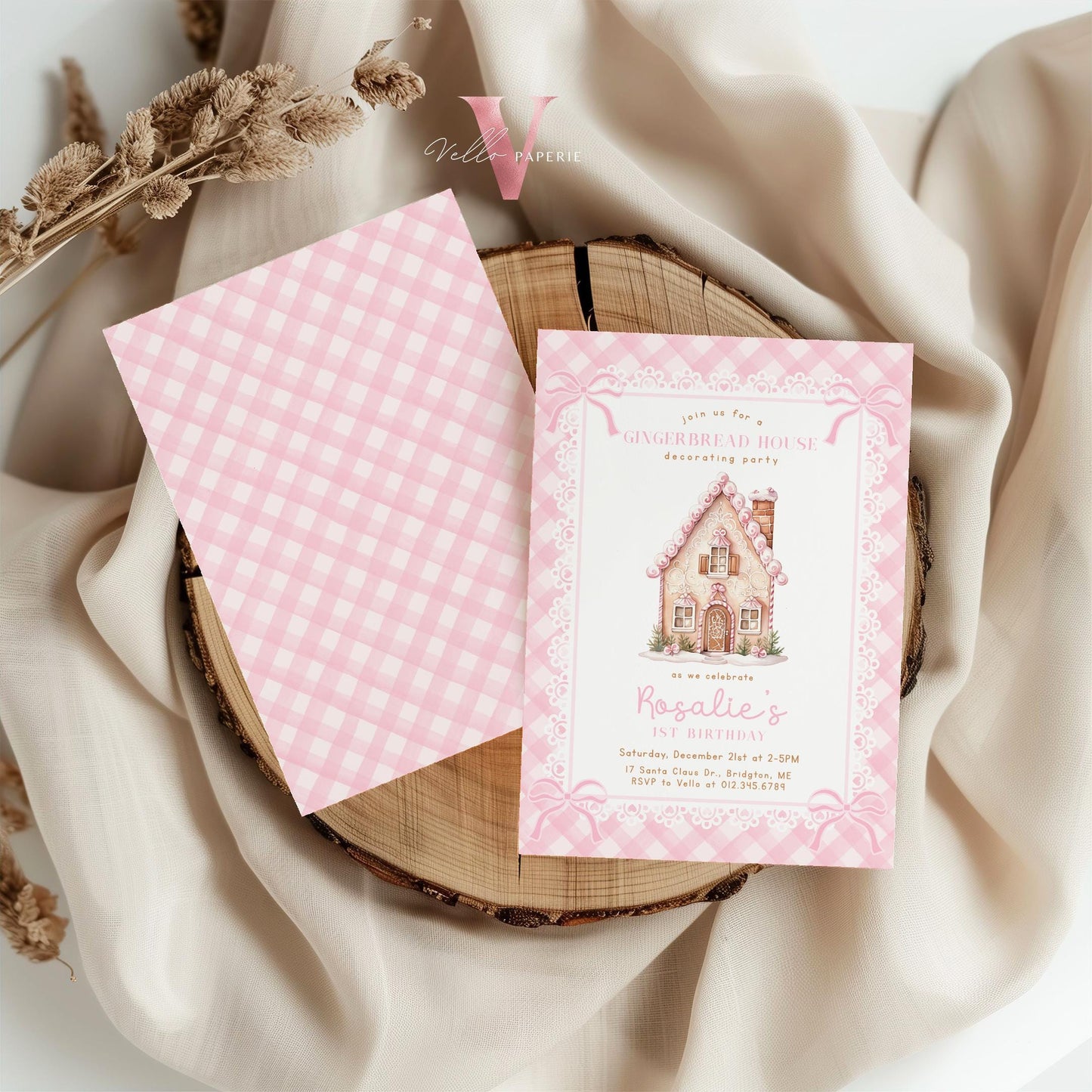 Editable Gingerbread House Decorating Party Birthday Party Invite | Fun Holiday Baking Party Invitation | Pink Cookie Christmas Birthday