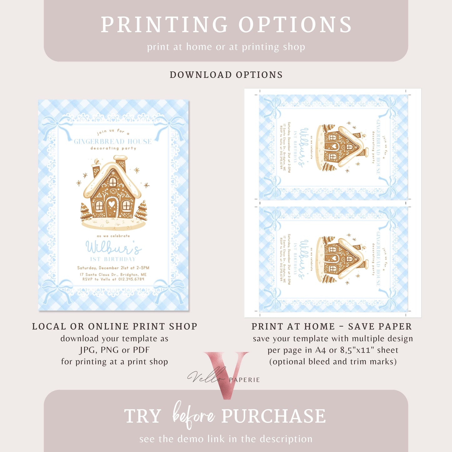 Editable Gingerbread House Decorating Party Birthday Party Invite | Fun Holiday Baking Party Invitation | Blue Gingham Christmas Birthday
