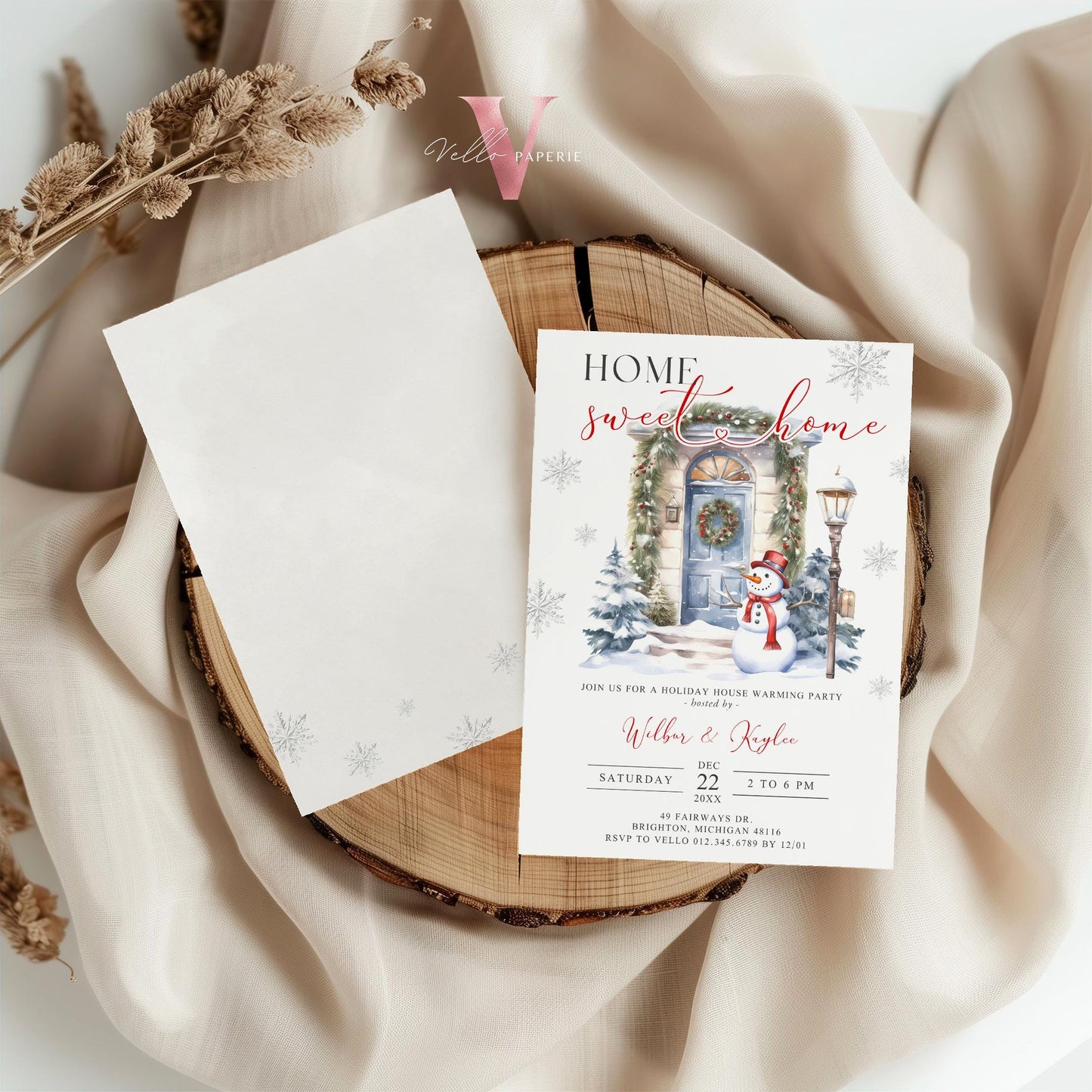 Winter House Warming Invitation | Neutral Silver Door Home Sweet Home Party Invite | Modern or Rustic New House Celebration Christmas  WHW01