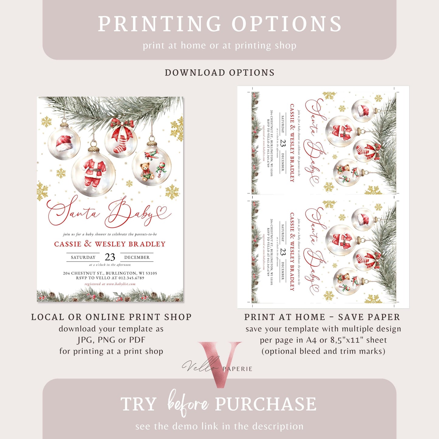 Editable Santa Baby Shower Invitation | Winter Gender Neutral Snowflake Baby Invite | Modern Boy Girl Christmas Baubles Baby Shower CWBS01