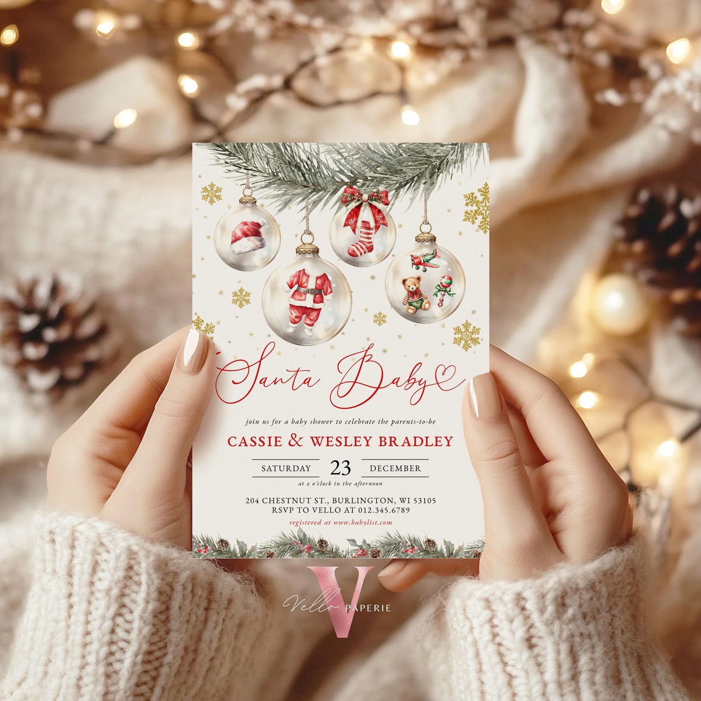 Editable Santa Baby Shower Invitation | Winter Gender Neutral Snowflake Baby Invite | Modern Boy Girl Christmas Baubles Baby Shower CWBS01