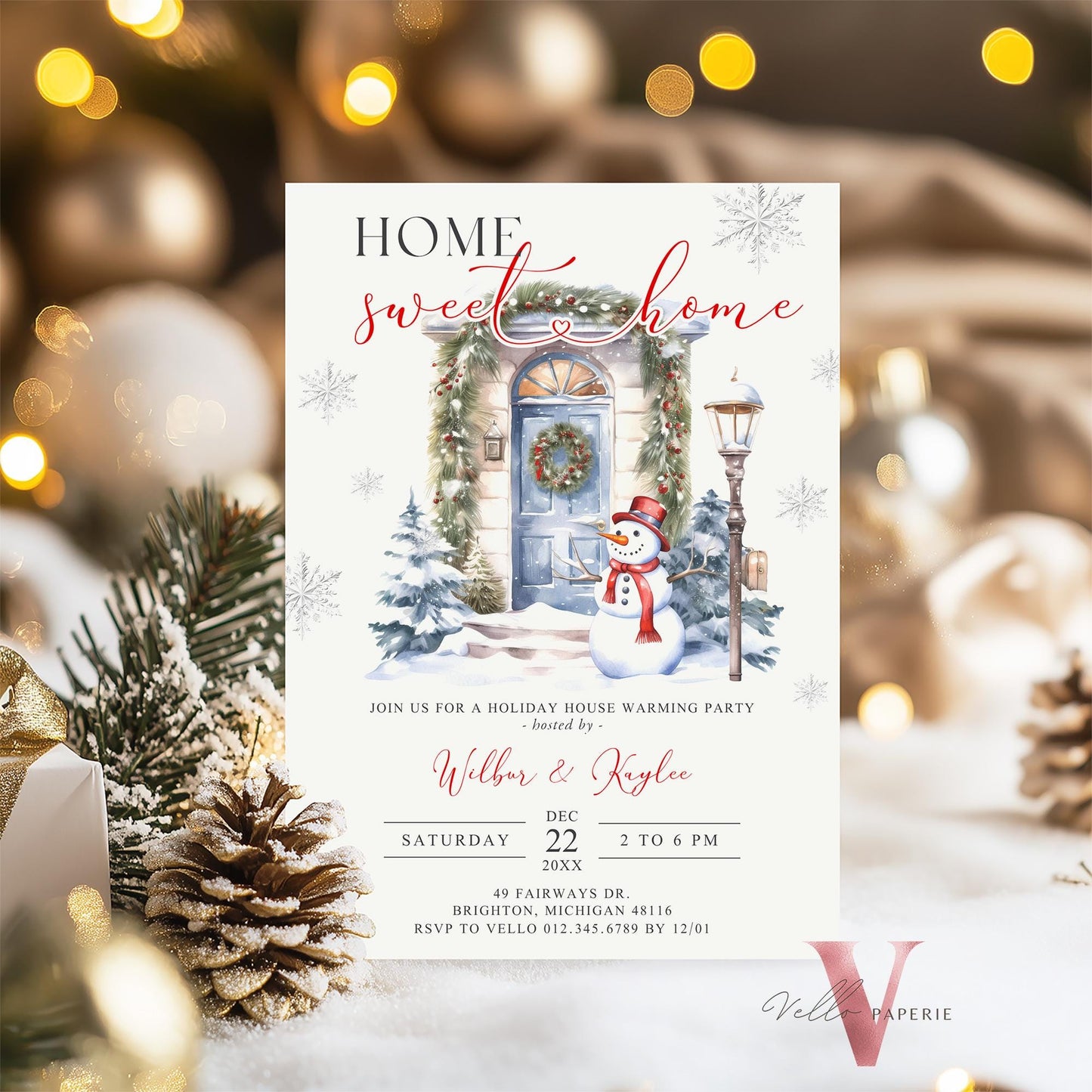 Winter House Warming Invitation | Neutral Silver Door Home Sweet Home Party Invite | Modern or Rustic New House Celebration Christmas  WHW01