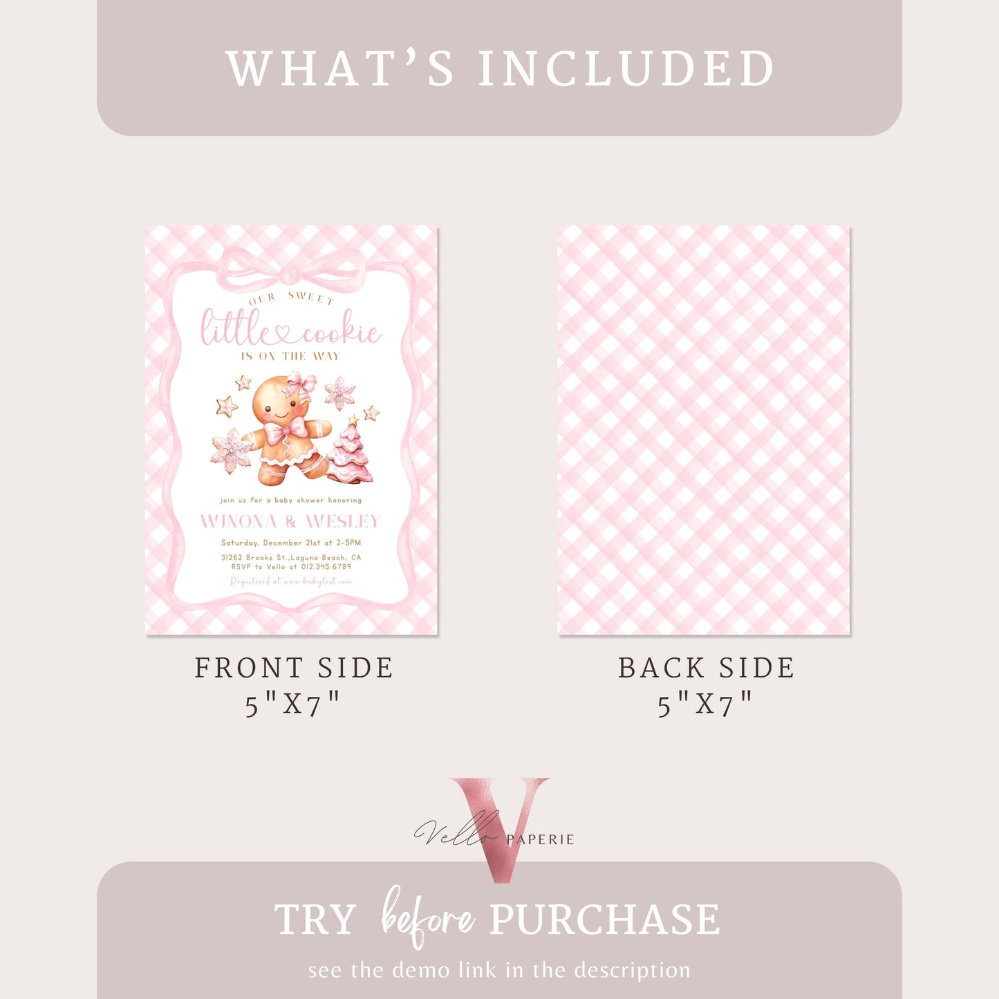 Little Cookie on the way Shower Invite | Winter Girl Gingerbread Baby Shower Invitation | Pink Gingerbread Christmas Season Gingham CWBS01