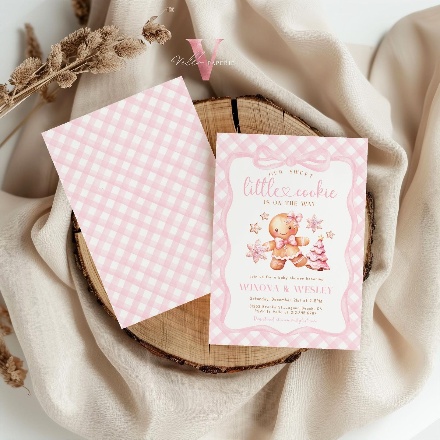 Little Cookie on the way Shower Invite | Winter Girl Gingerbread Baby Shower Invitation | Pink Gingerbread Christmas Season Gingham CWBS01