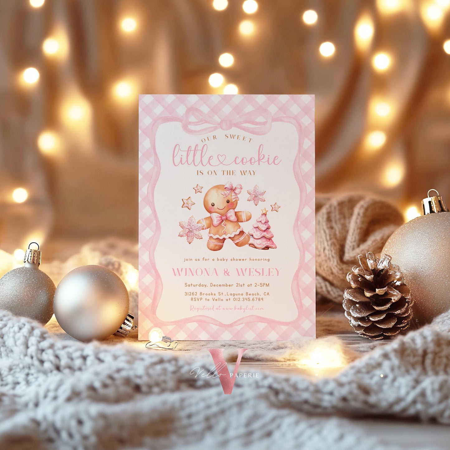 Little Cookie on the way Shower Invite | Winter Girl Gingerbread Baby Shower Invitation | Pink Gingerbread Christmas Season Gingham CWBS01