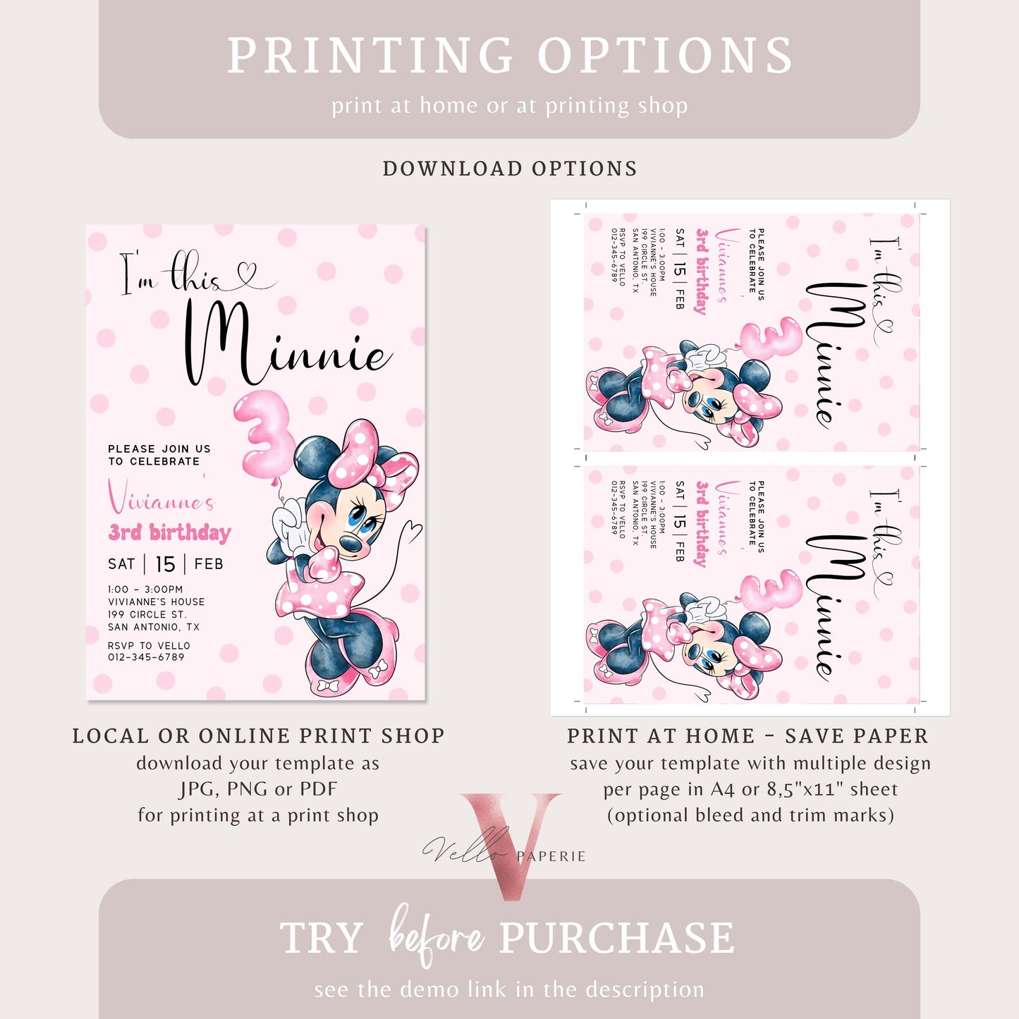 Third Birthday Minnie Mouse Invitation | Modern Light Pink Polkadot 3rd Minnie Birthday Invite | 3rd Girl Birthday Party Instant Template