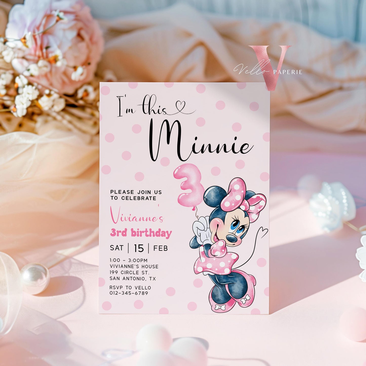 Third Birthday Minnie Mouse Invitation | Modern Light Pink Polkadot 3rd Minnie Birthday Invite | 3rd Girl Birthday Party Instant Template