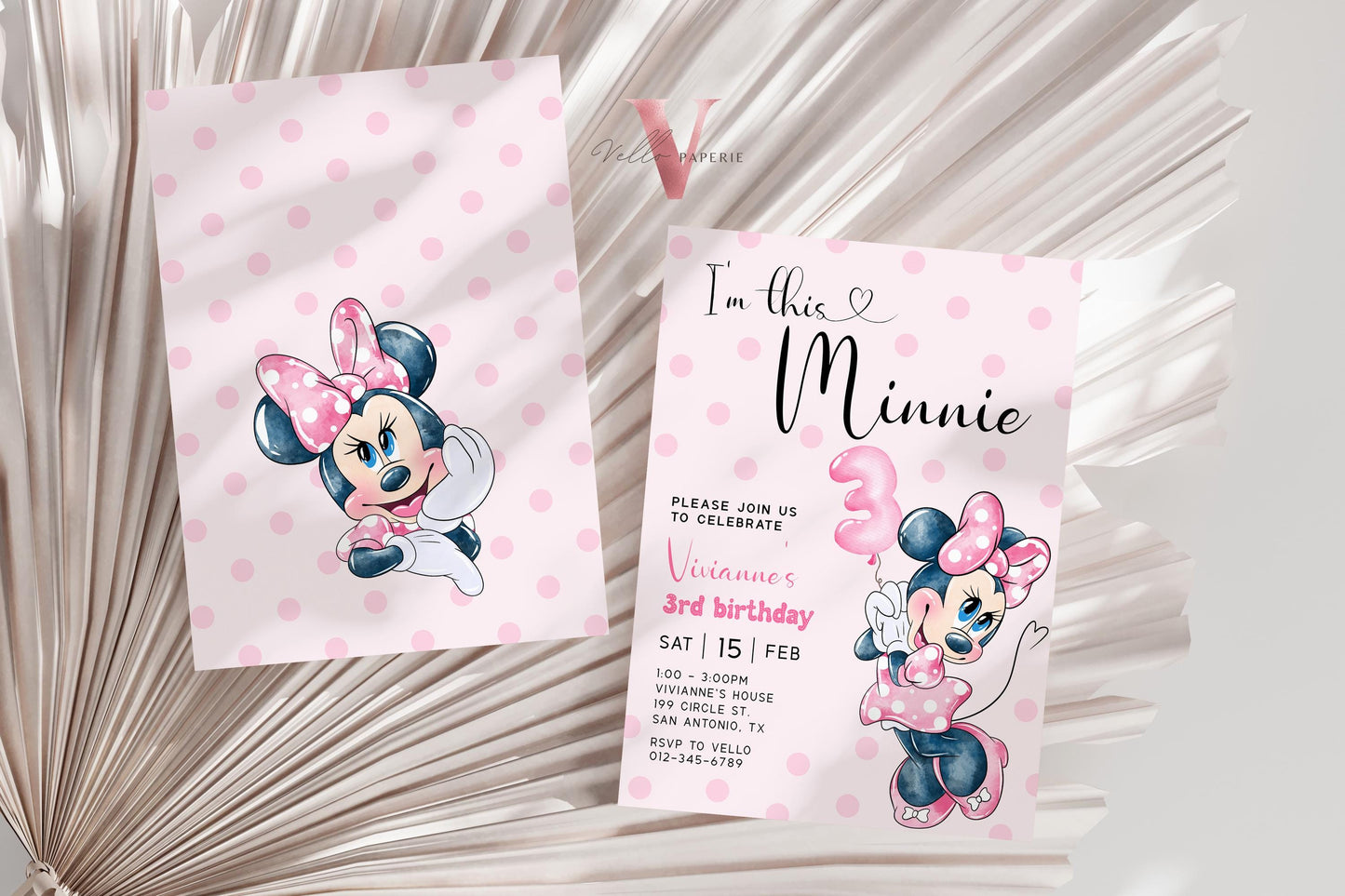 Third Birthday Minnie Mouse Invitation | Modern Light Pink Polkadot 3rd Minnie Birthday Invite | 3rd Girl Birthday Party Instant Template