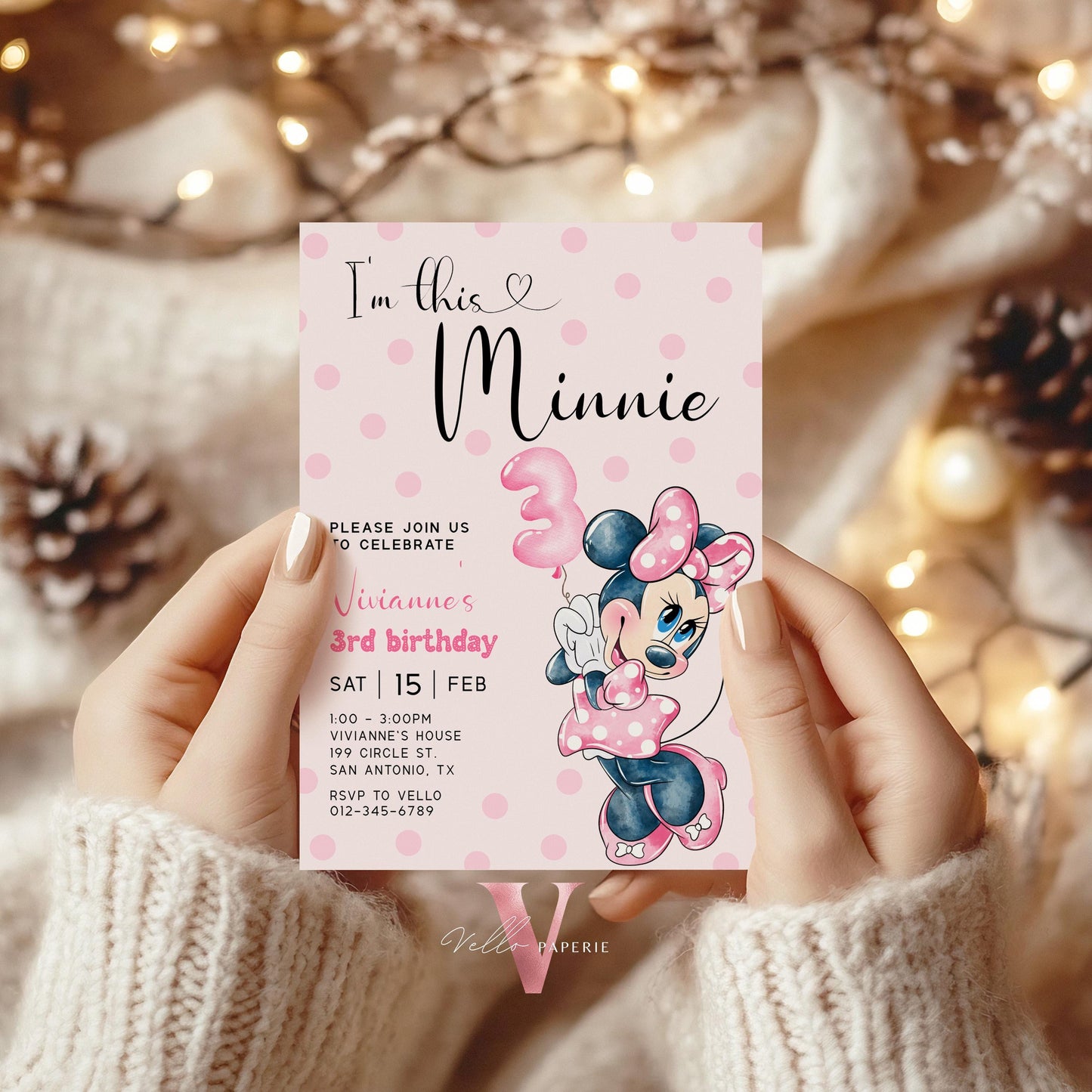 Third Birthday Minnie Mouse Invitation | Modern Light Pink Polkadot 3rd Minnie Birthday Invite | 3rd Girl Birthday Party Instant Template