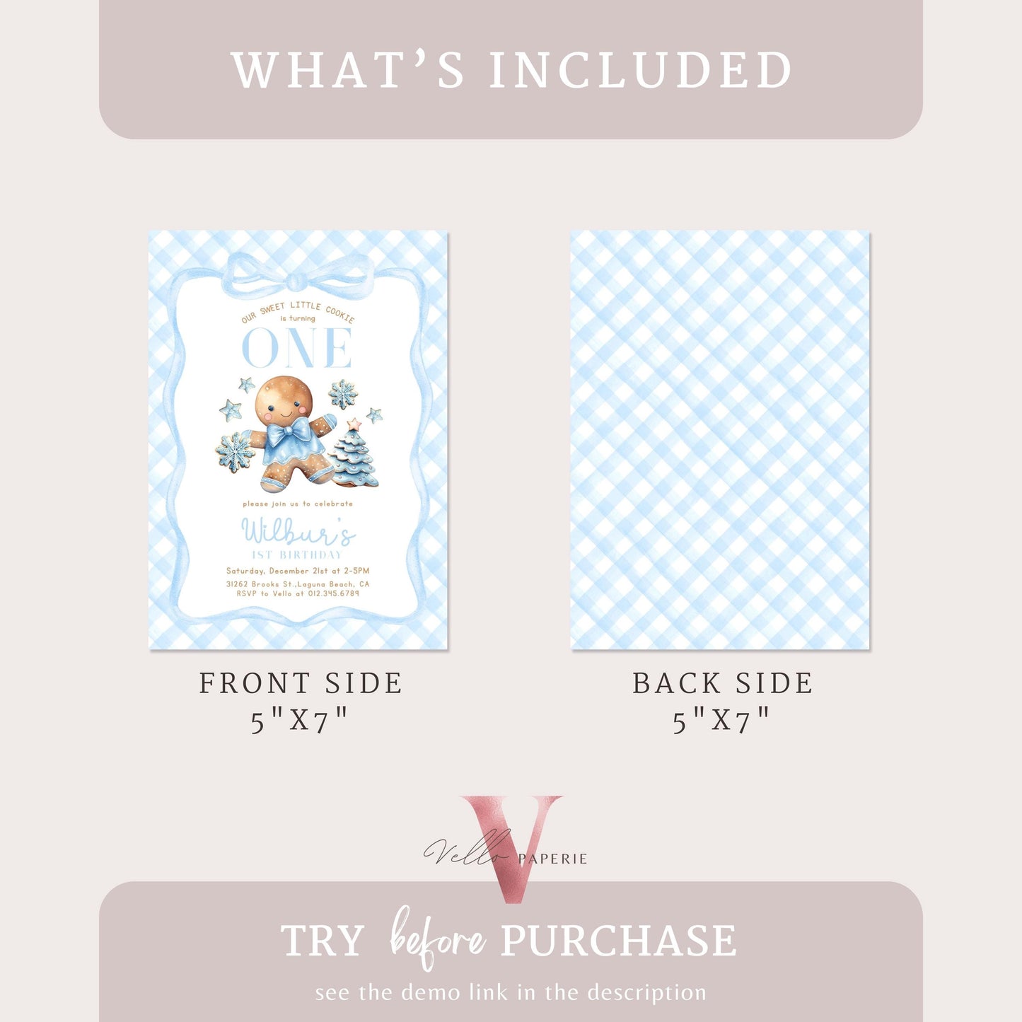 Editable Age Gingerbread Birthday Party Invite | ANY AGE Fun Holiday Baking Party Invitation | Blue Little Cookie Gingham Christmas Birthday