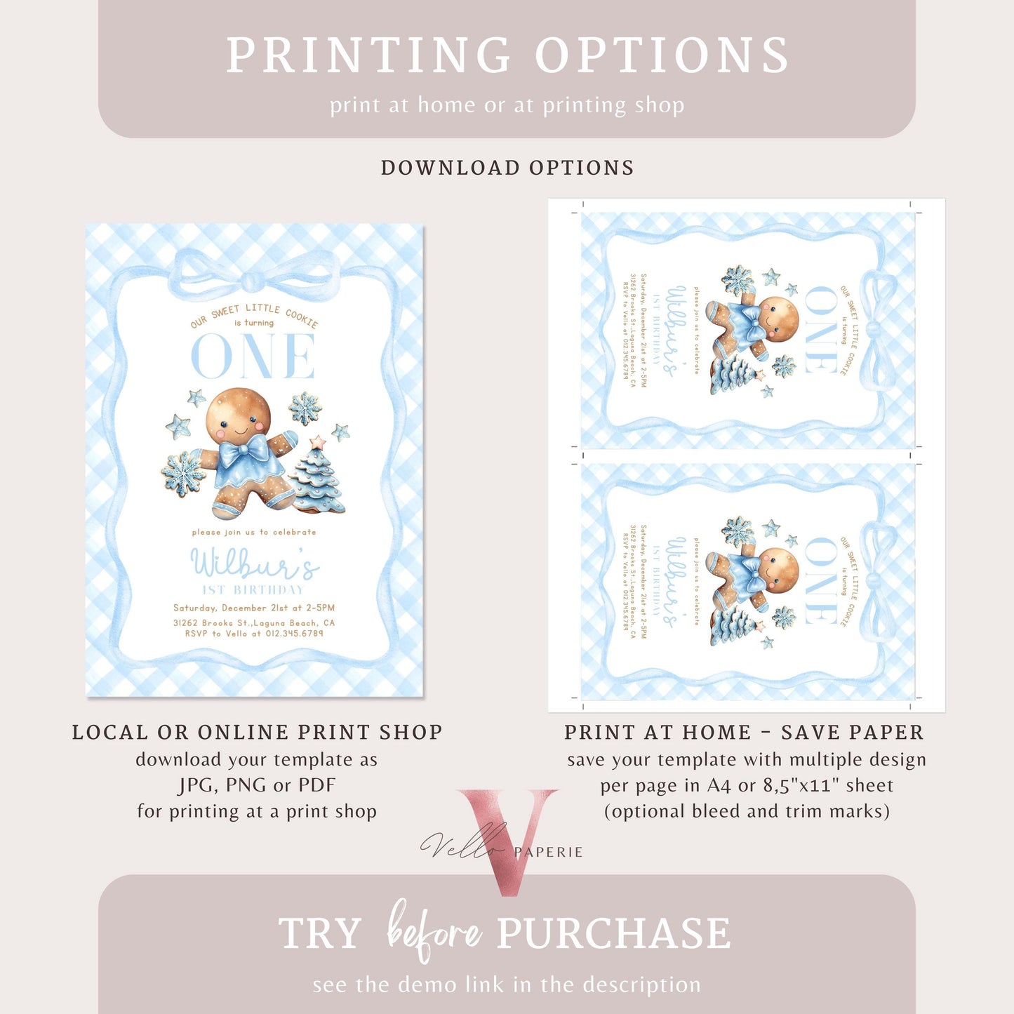 Editable Age Gingerbread Birthday Party Invite | ANY AGE Fun Holiday Baking Party Invitation | Blue Little Cookie Gingham Christmas Birthday