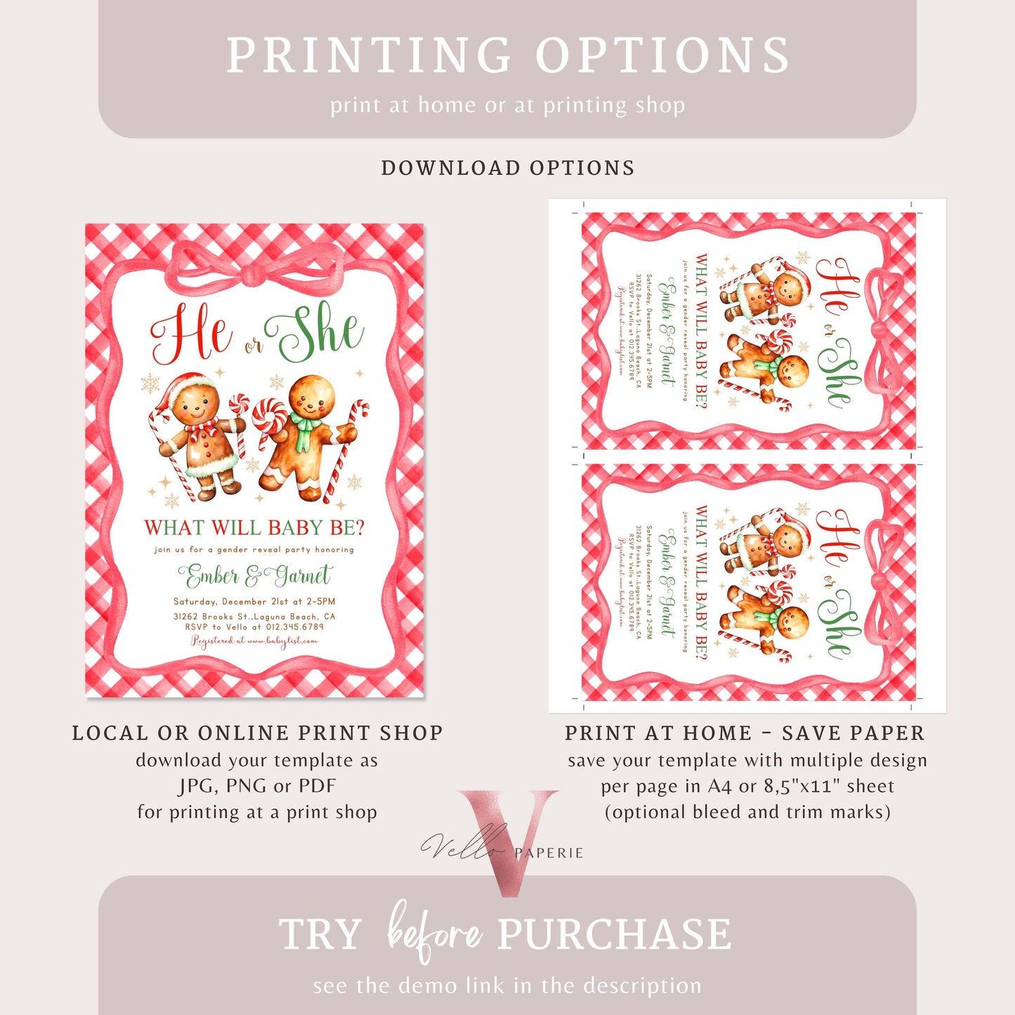 He or She Gingerbread Baby Shower Invitation | Winter Gender Reveal Cookie Baby Invite | Red Green Gingerbread Christmas Gingham CWBS01
