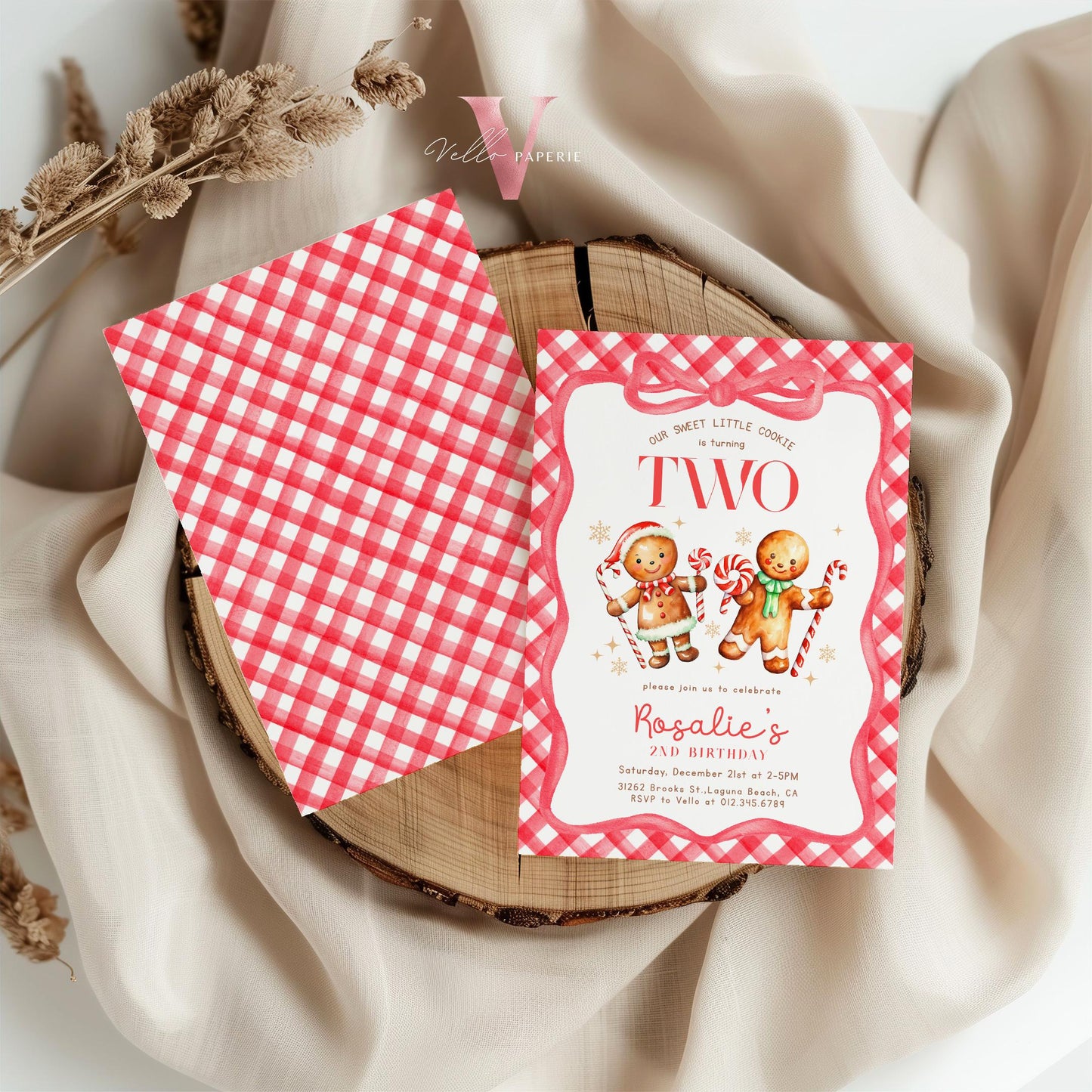 Editable Age Gingerbread Birthday Party Invite | ANY AGE Fun Holiday Baking Party Invitation | Red Little Cookie Gingham Christmas Birthday