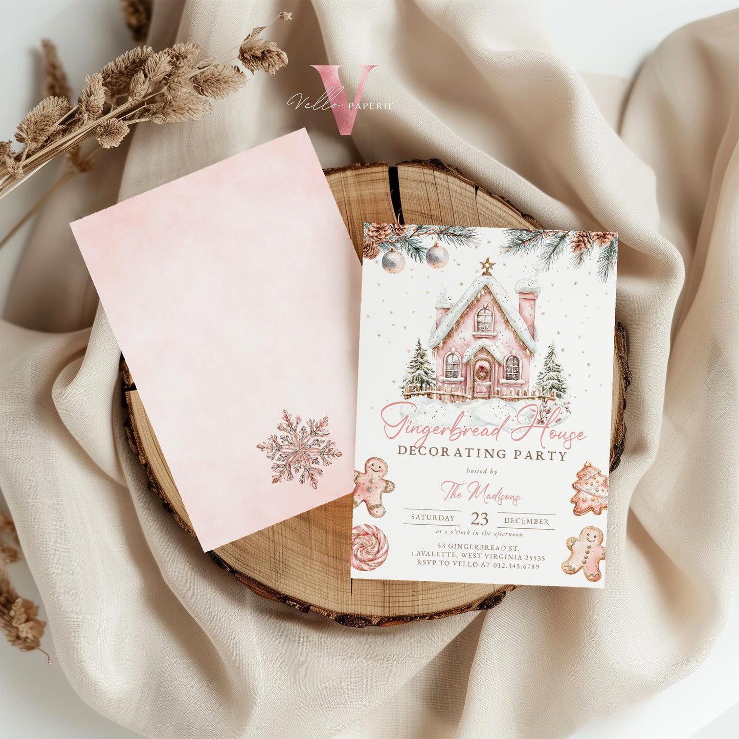 Editable Gingerbread House Decorating Party Invite | Fun Holiday Baking Party Invitation | Rosegold Pink Sparkle Christmas Celebration
