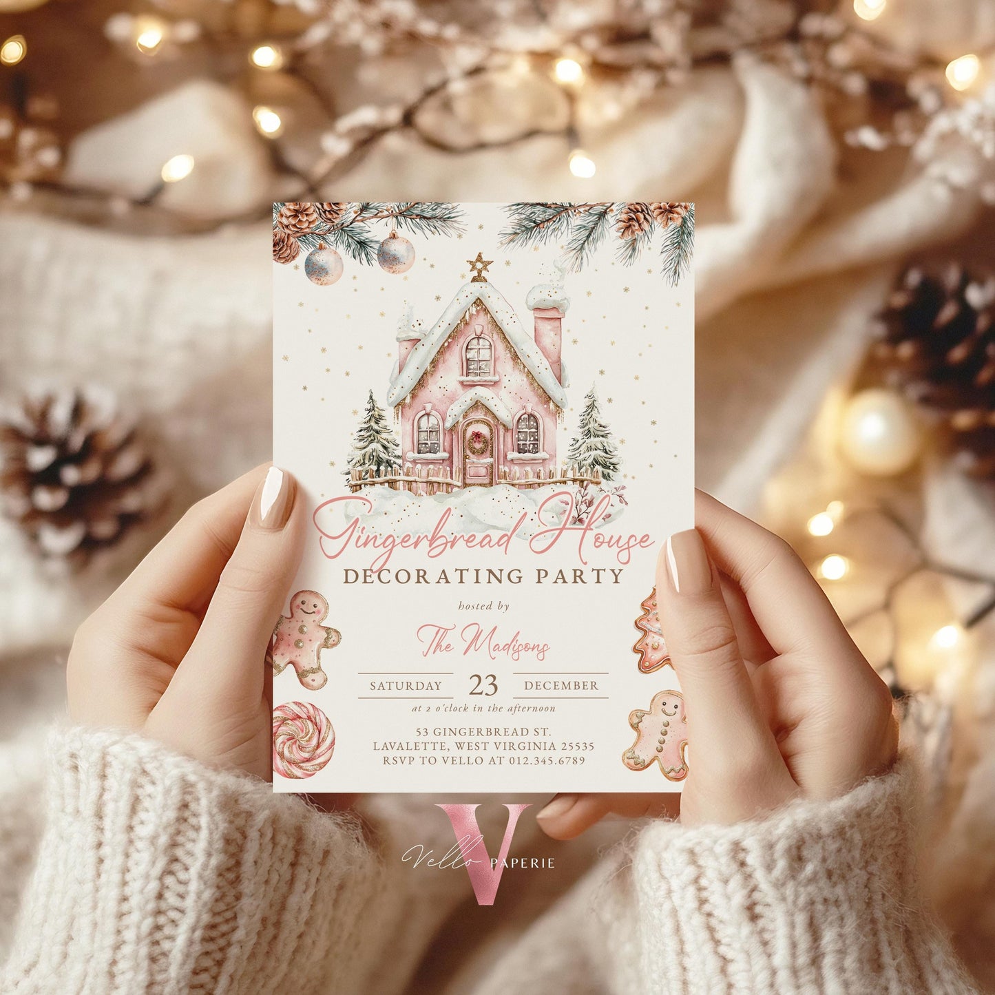 Editable Gingerbread House Decorating Party Invite | Fun Holiday Baking Party Invitation | Rosegold Pink Sparkle Christmas Celebration