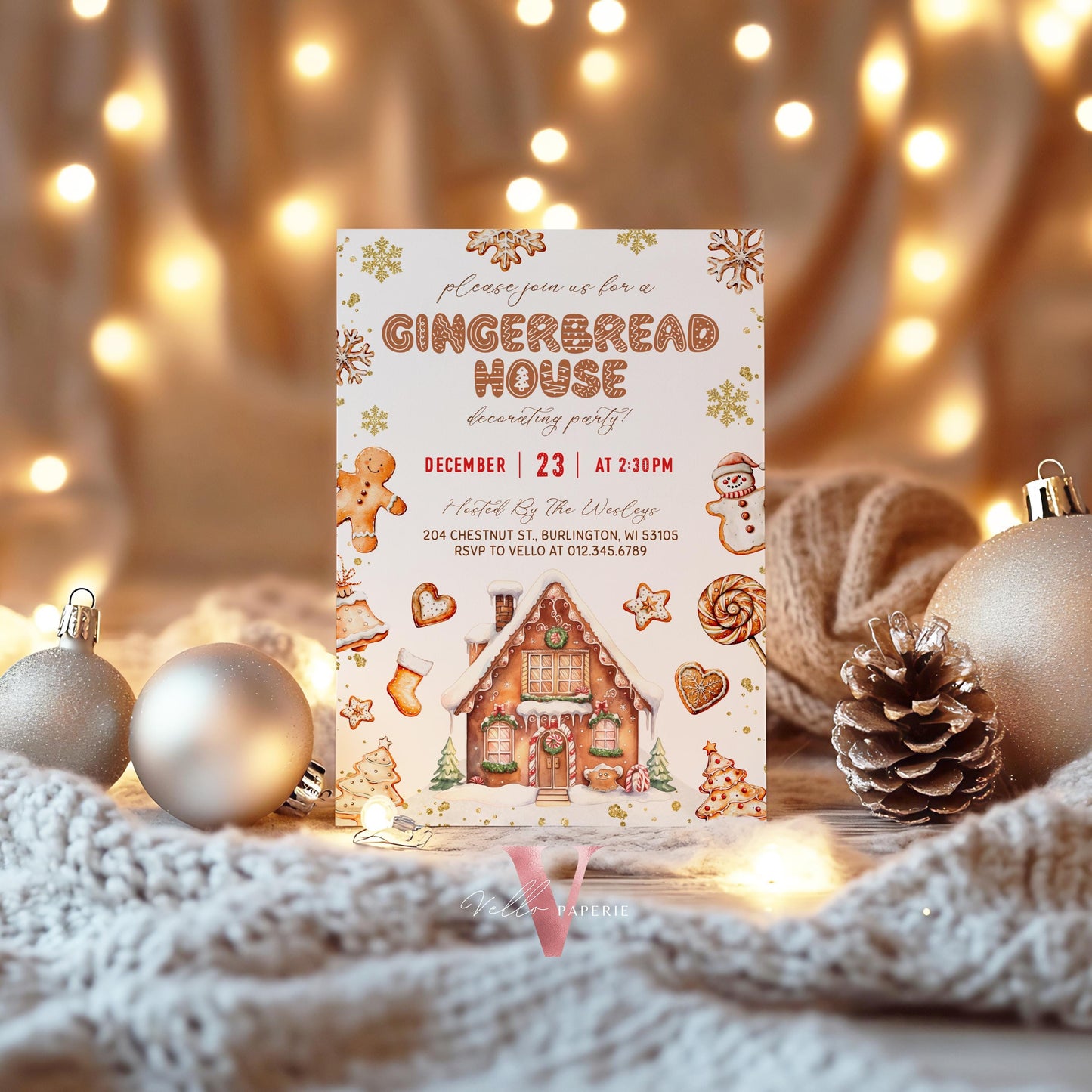 Editable Neutral Gingerbread House Decorating Party Invite | Fun Holiday Baking Party Invitation | Brown Gold Sparkle Christmas Celebration