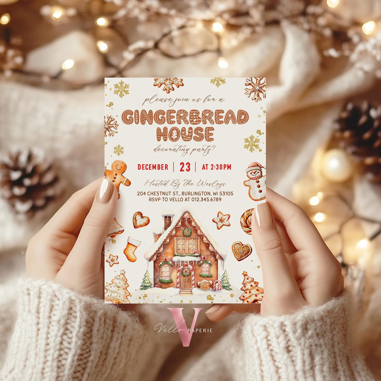Editable Neutral Gingerbread House Decorating Party Invite | Fun Holiday Baking Party Invitation | Brown Gold Sparkle Christmas Celebration