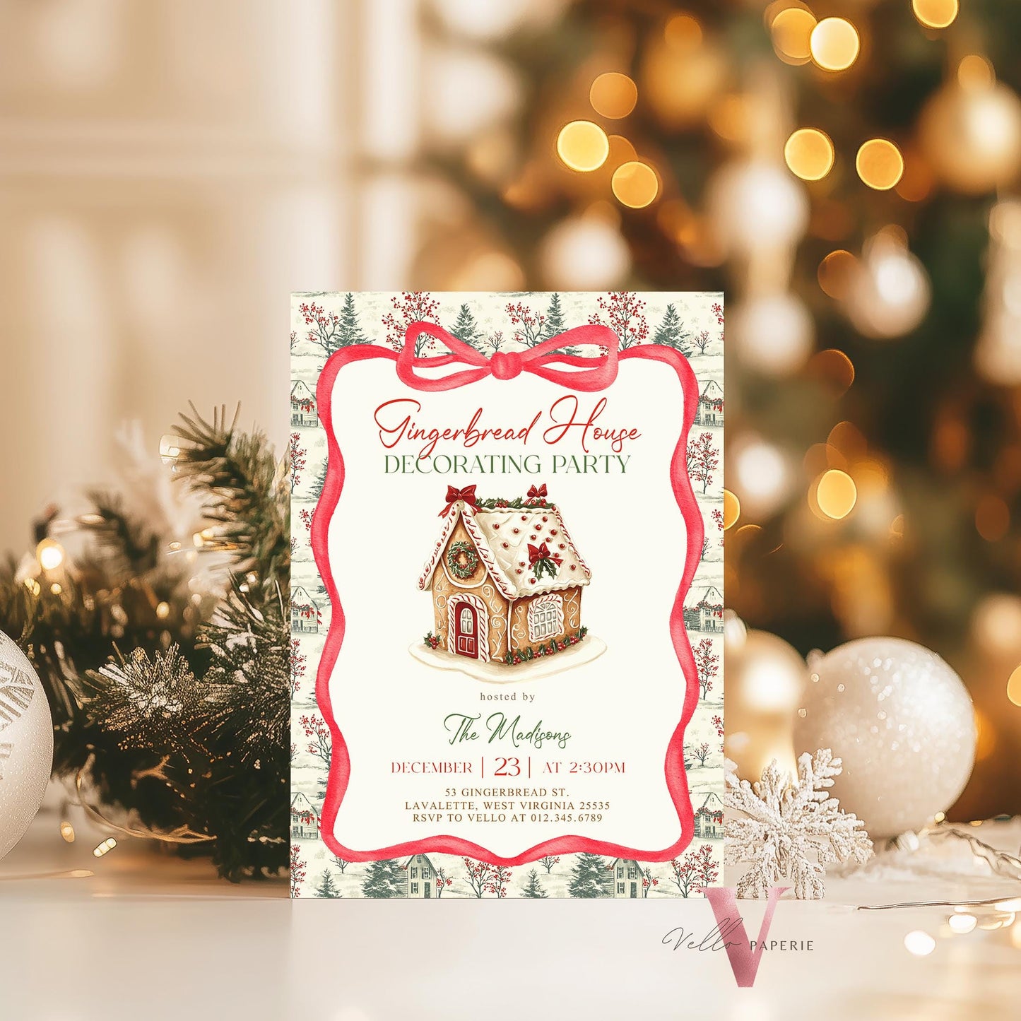 Editable Toile Gingerbread House Decorating Party Invite | Fun Holiday Baking Party Invitation | Chinoiserie Cookie Christmas Celebration