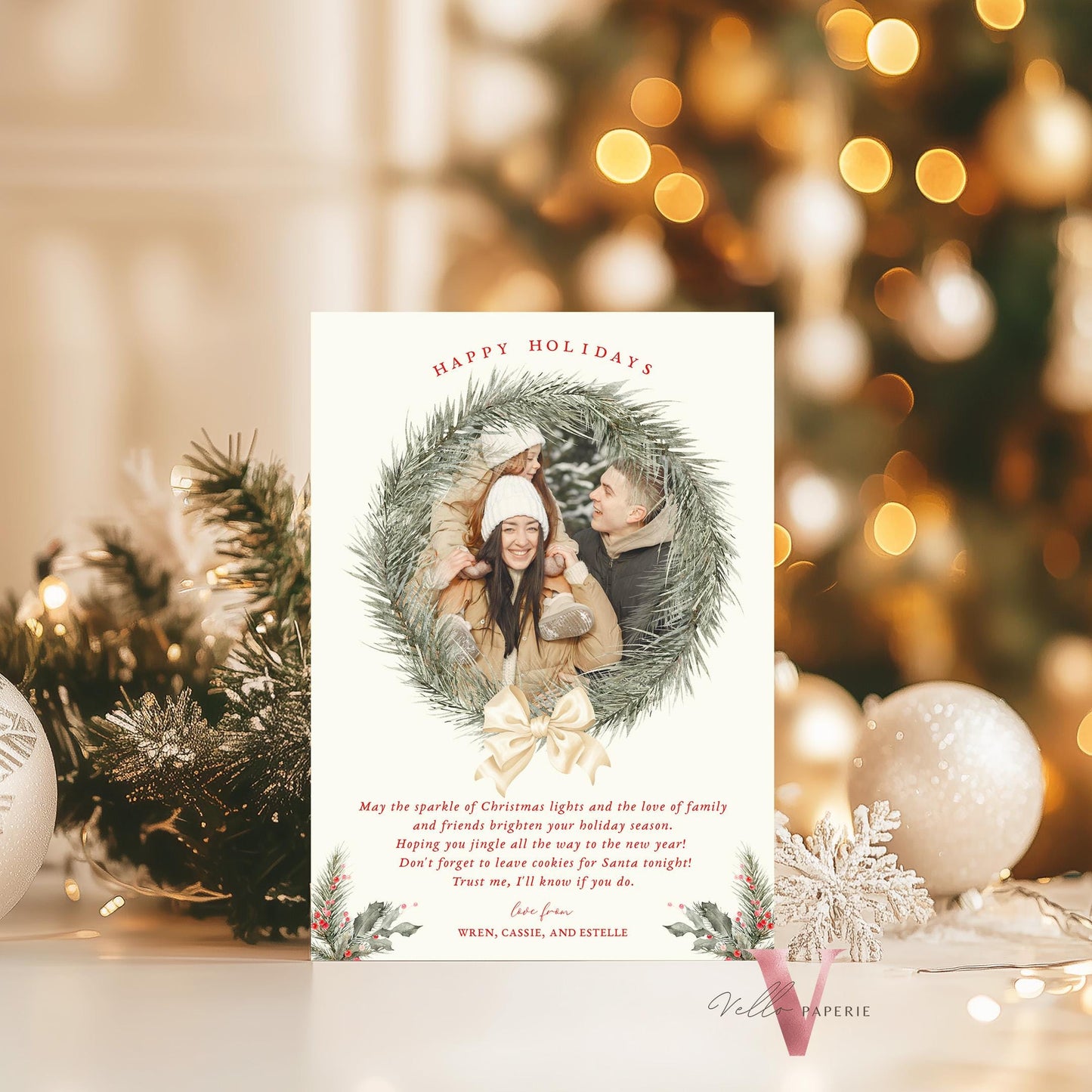 Printable 2Side Modern Photo Christmas Card Template | Neutral Beige Gold Photo Holiday Card | Botanical Christmas Bauble Winter Photo PCC12