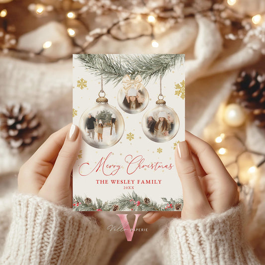 Printable 2Side Modern Photo Christmas Card Template | Neutral Beige Gold Photo Holiday Card | Botanical Christmas Bauble Winter Photo PCC12
