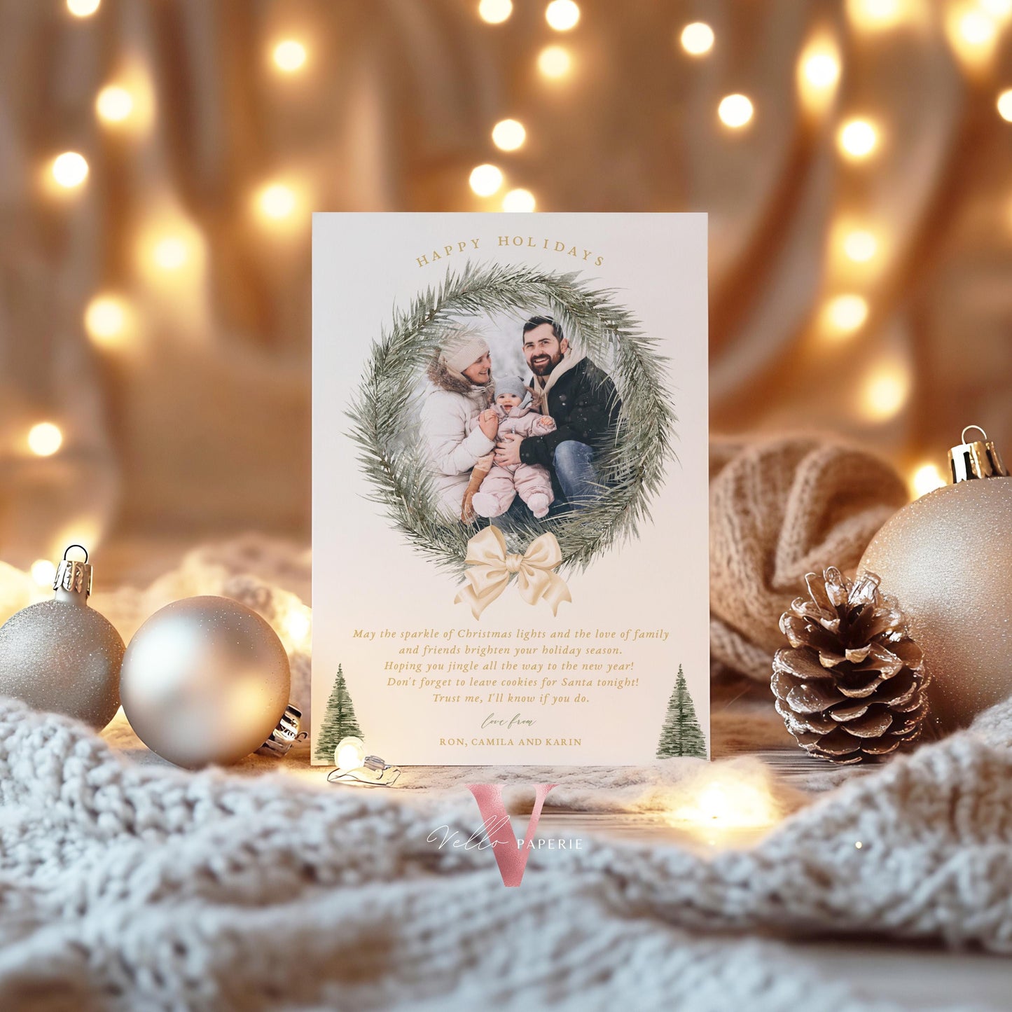 Printable 2Side Modern Photo Christmas Card Template | Neutral Beige Gold Photo Holiday Card | Botanical Christmas Bauble Winter Photo PCC12