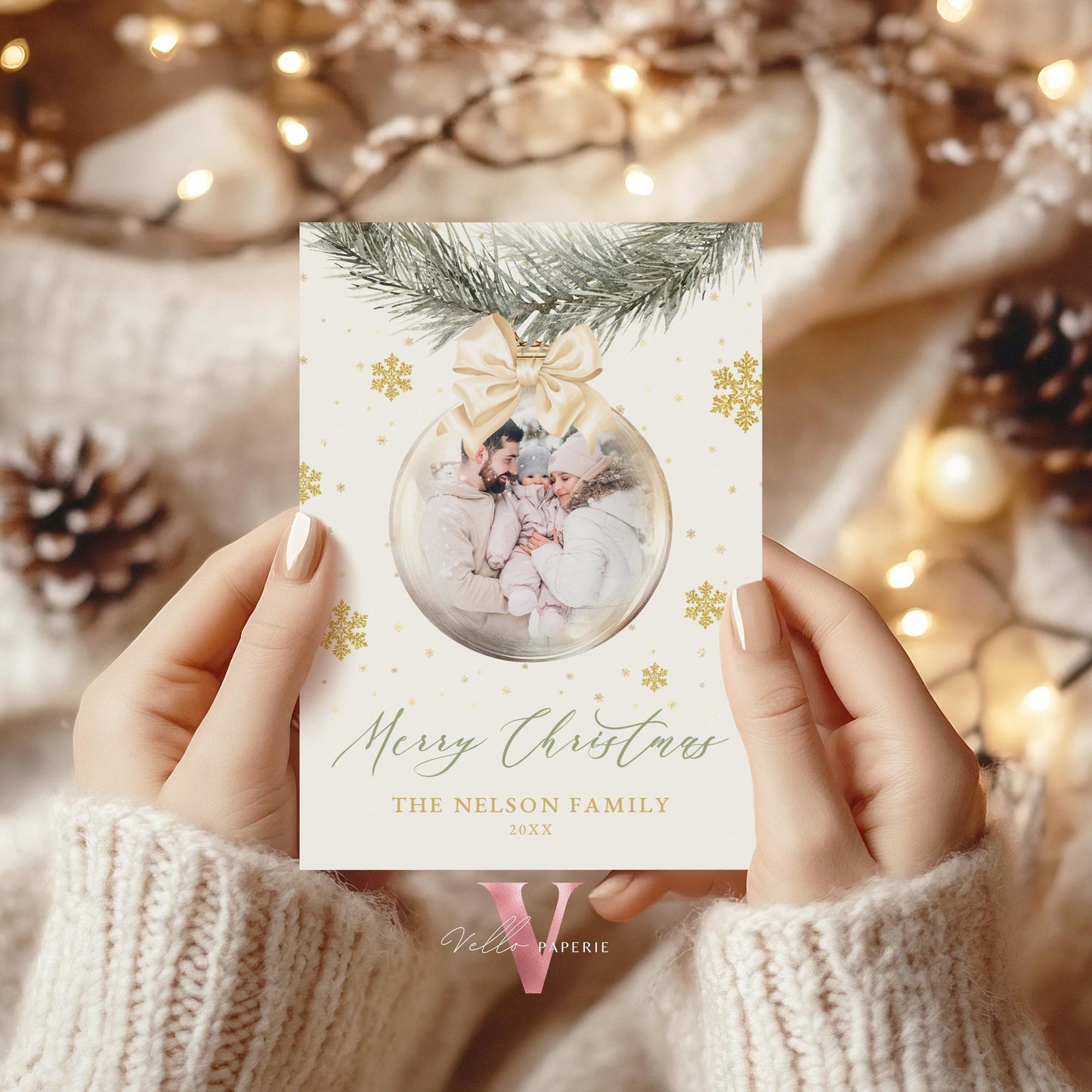 Printable 2Side Modern Photo Christmas Card Template | Neutral Beige Gold Photo Holiday Card | Botanical Christmas Bauble Winter Photo PCC12