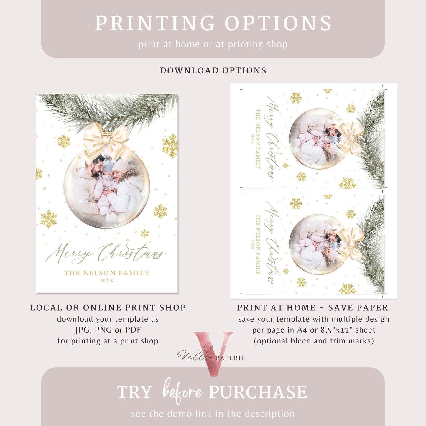 Printable 2Side Modern Photo Christmas Card Template | Neutral Beige Gold Photo Holiday Card | Botanical Christmas Bauble Winter Photo PCC12
