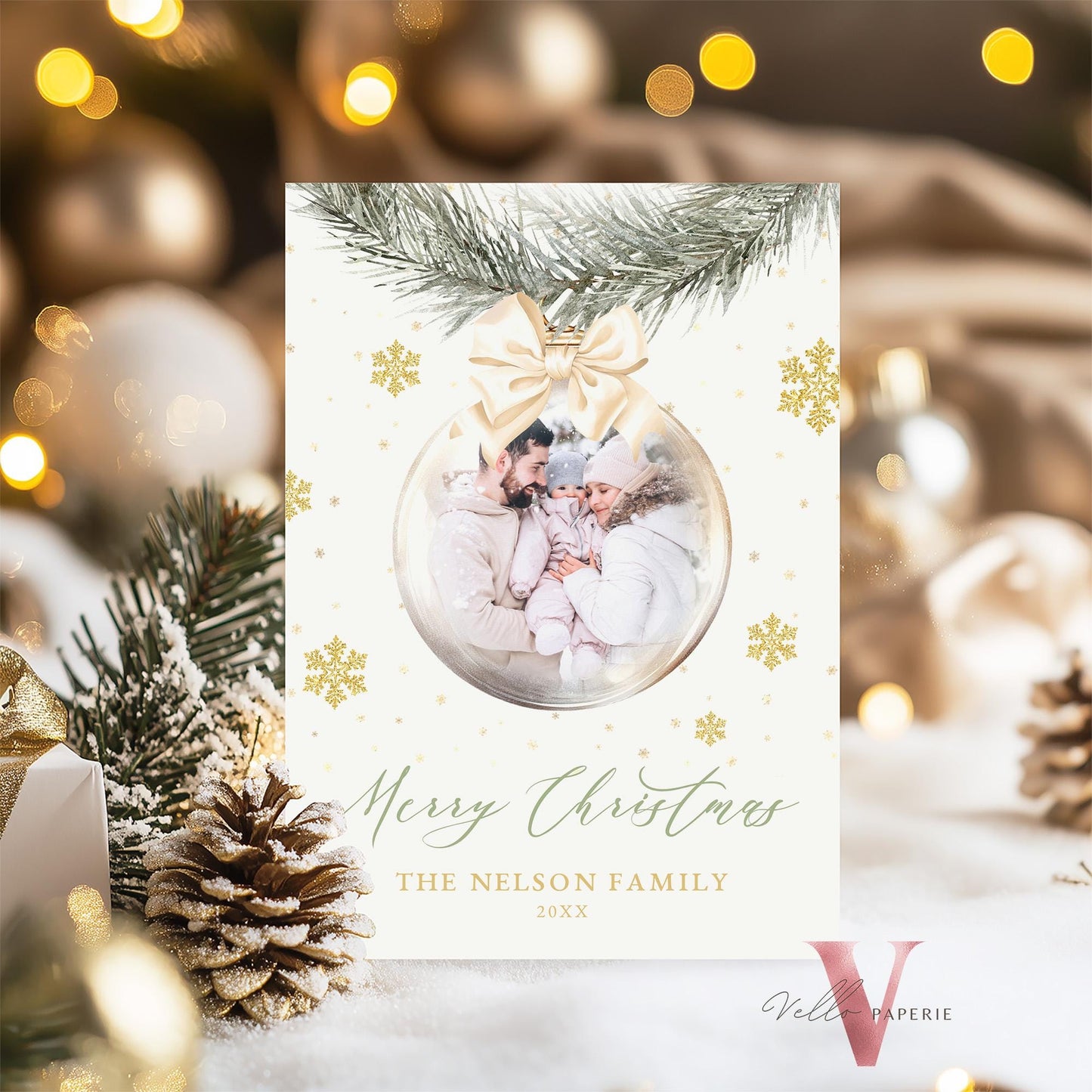 Printable 2Side Modern Photo Christmas Card Template | Neutral Beige Gold Photo Holiday Card | Botanical Christmas Bauble Winter Photo PCC12