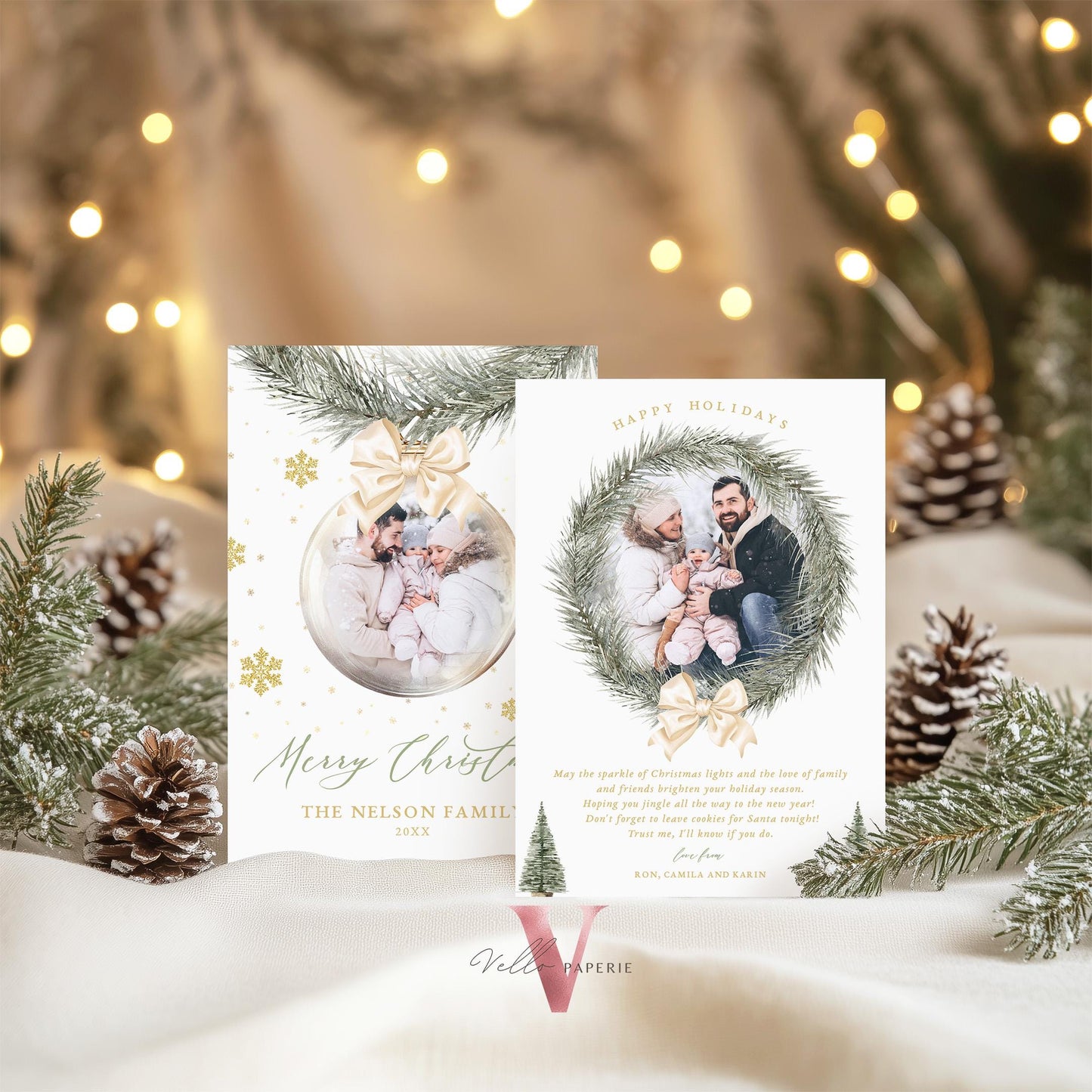 Printable 2Side Modern Photo Christmas Card Template | Neutral Beige Gold Photo Holiday Card | Botanical Christmas Bauble Winter Photo PCC12