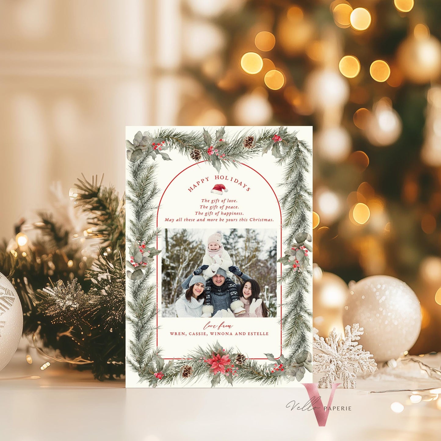 Printable 2Side Photo Christmas Card Template | Neutral Beige Gold Photo Holiday Card | Classic Botanical Christmas Bow Winter Photo PCC12