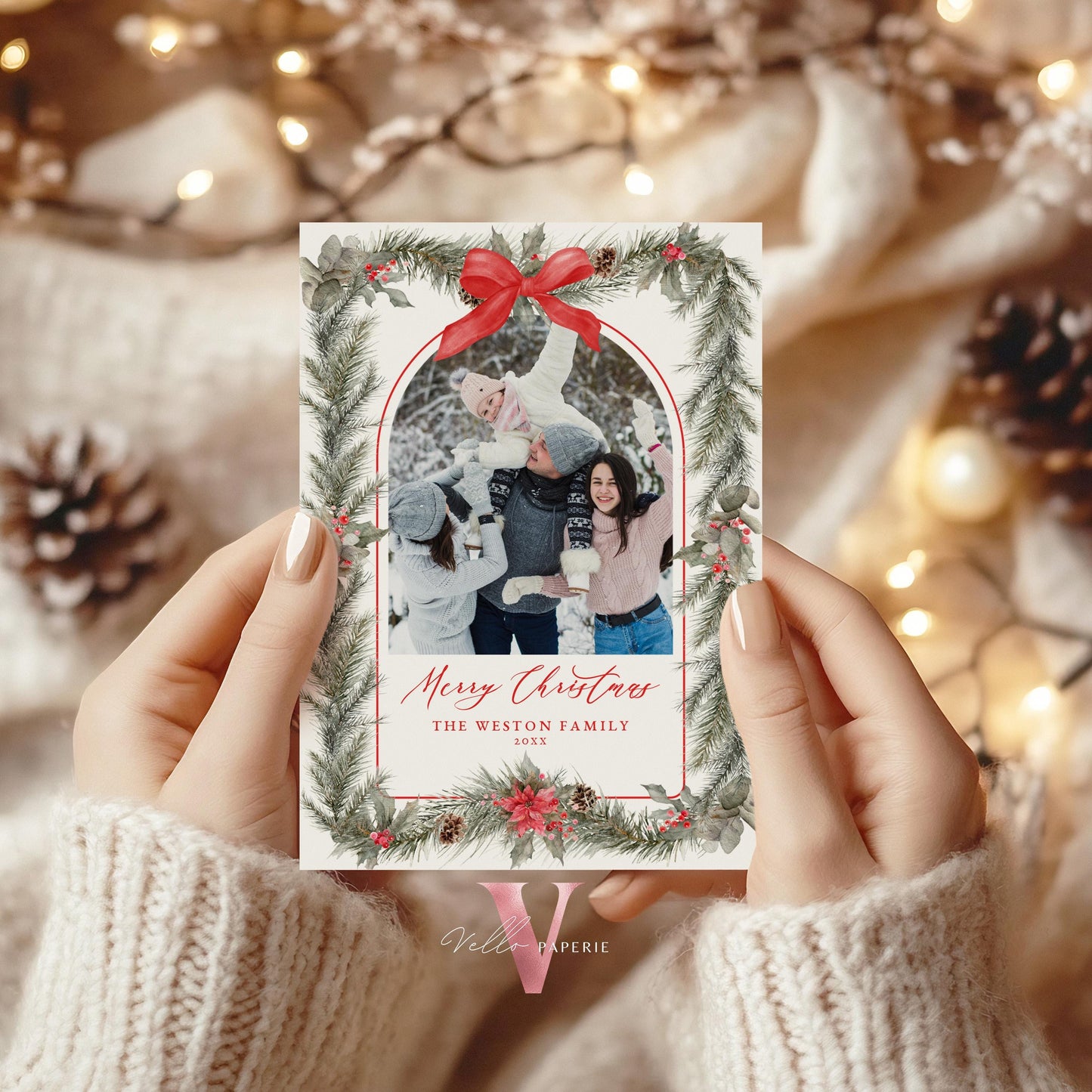 Printable 2Side Photo Christmas Card Template | Neutral Beige Gold Photo Holiday Card | Classic Botanical Christmas Bow Winter Photo PCC12