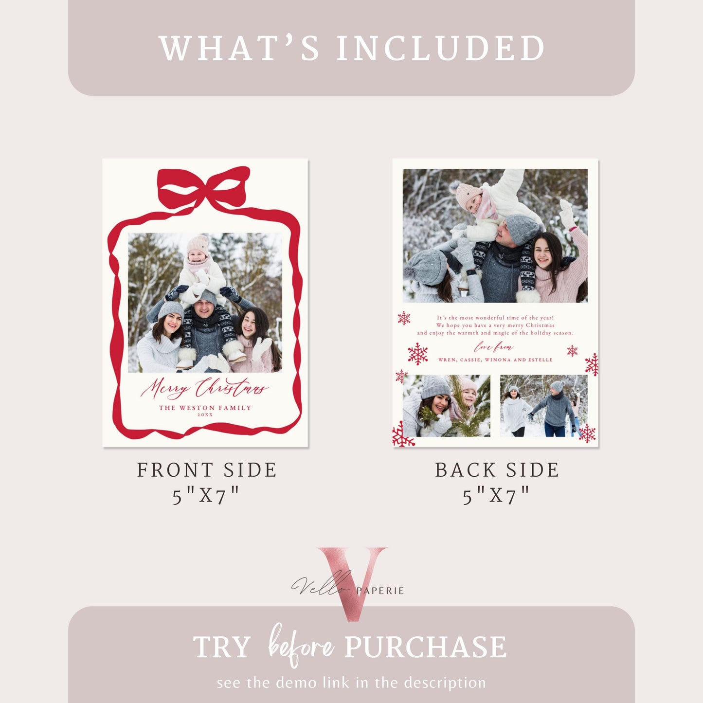 Printable Modern Minimalist Photo Christmas Card Template | Neutral Red Bow Photo Holiday Card | Editable Christmas Winter Photo PCC12