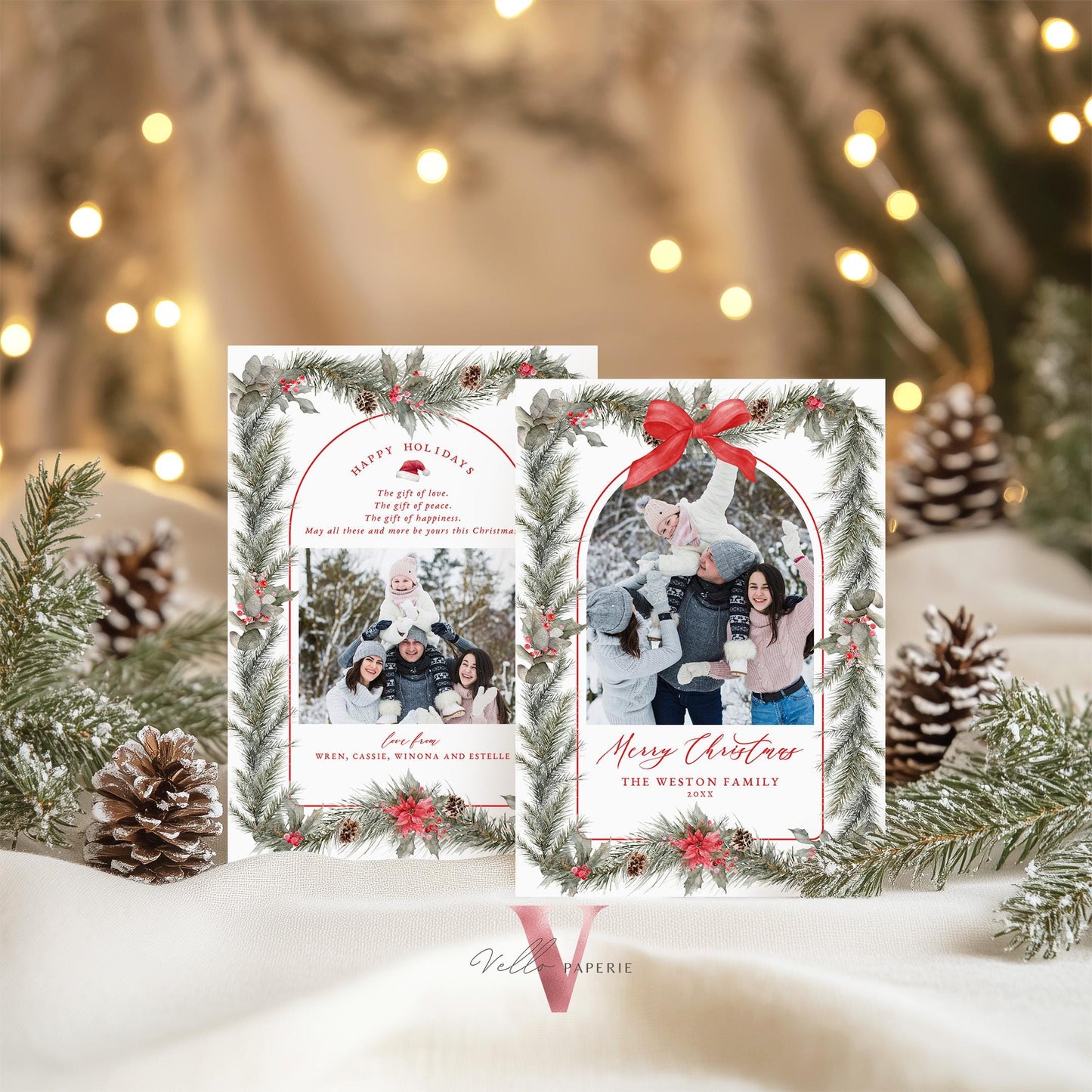 Printable 2Side Photo Christmas Card Template | Neutral Beige Gold Photo Holiday Card | Classic Botanical Christmas Bow Winter Photo PCC12
