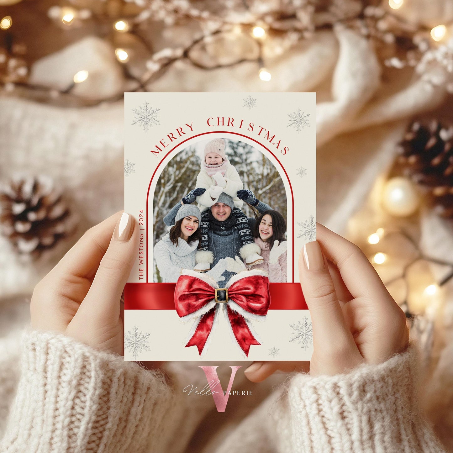 Printable 3 Designs Modern Photo Christmas Card Template | Red Santa Bow Photo Holiday Card | Minimalist Arch Winter Christmas Photo PCC12