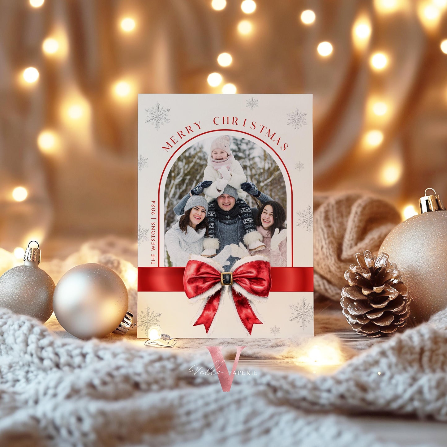 Printable 3 Designs Modern Photo Christmas Card Template | Red Santa Bow Photo Holiday Card | Minimalist Arch Winter Christmas Photo PCC12